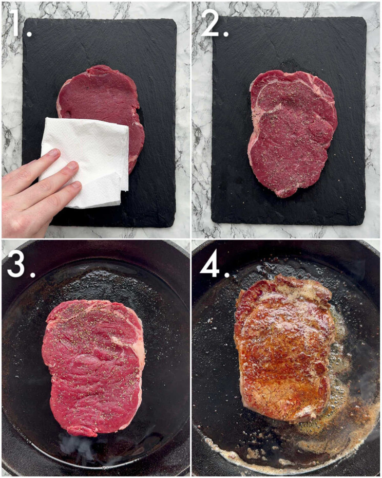 4 step by step photos showing how to prepare steak