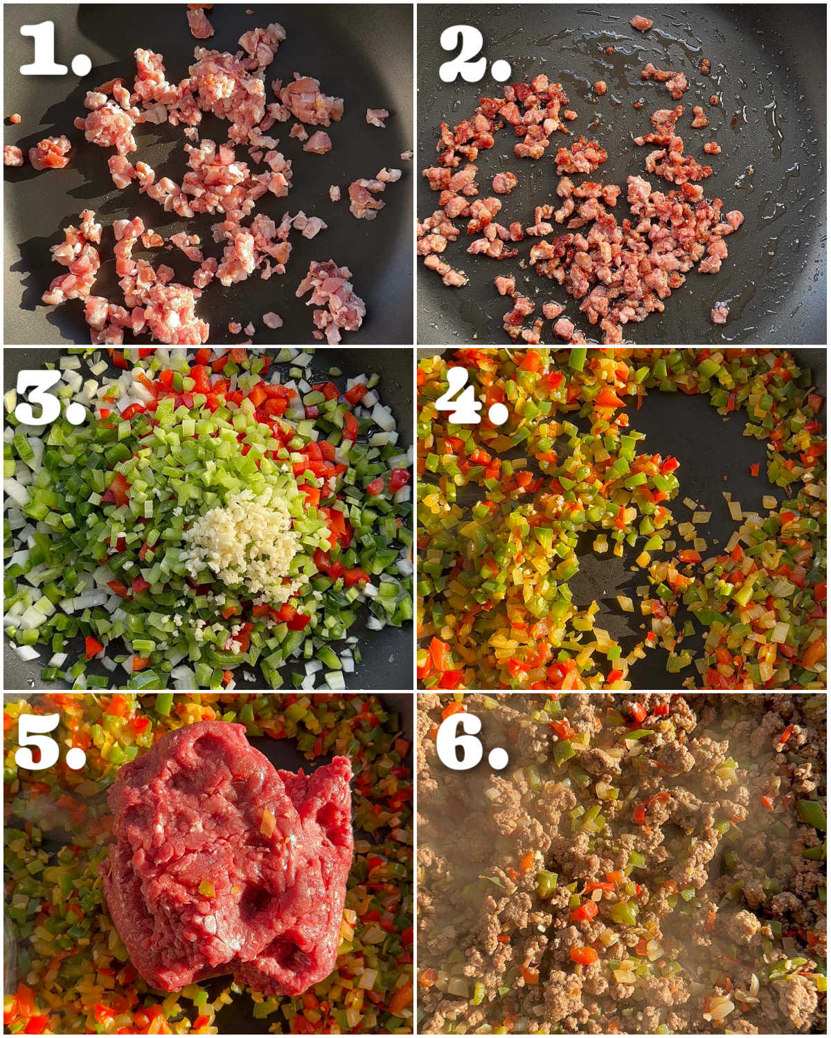 6 step by step photos showing how to prepare cajun beef hotpot
