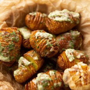 garlic butter potatoes in small basket