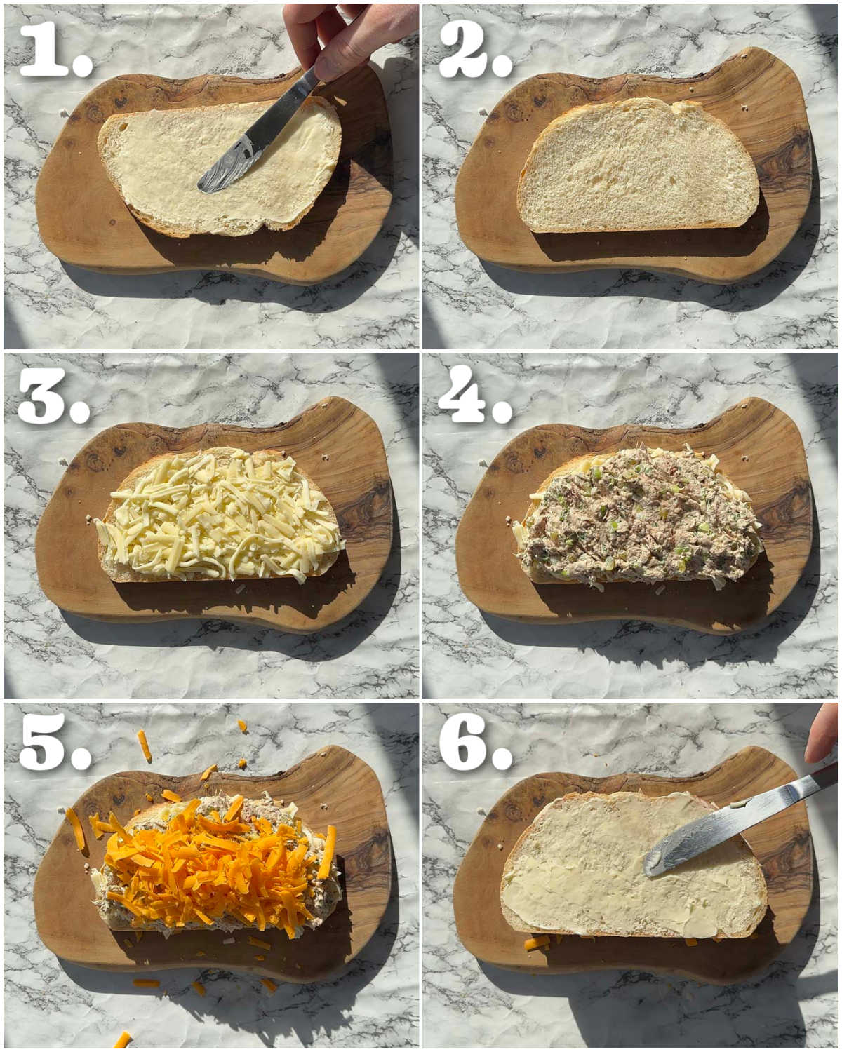 6 step by step photos showing how to make a tuna melt