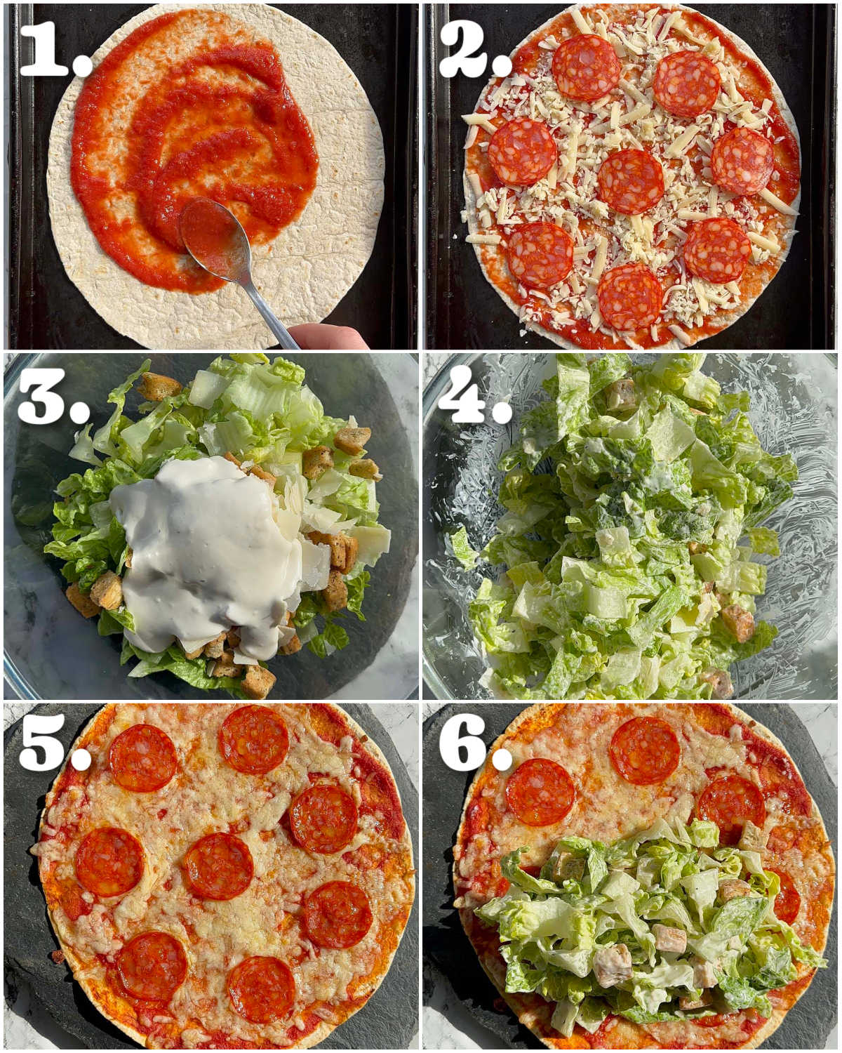 6 step by step photos showing how to make a caesaroni wrap