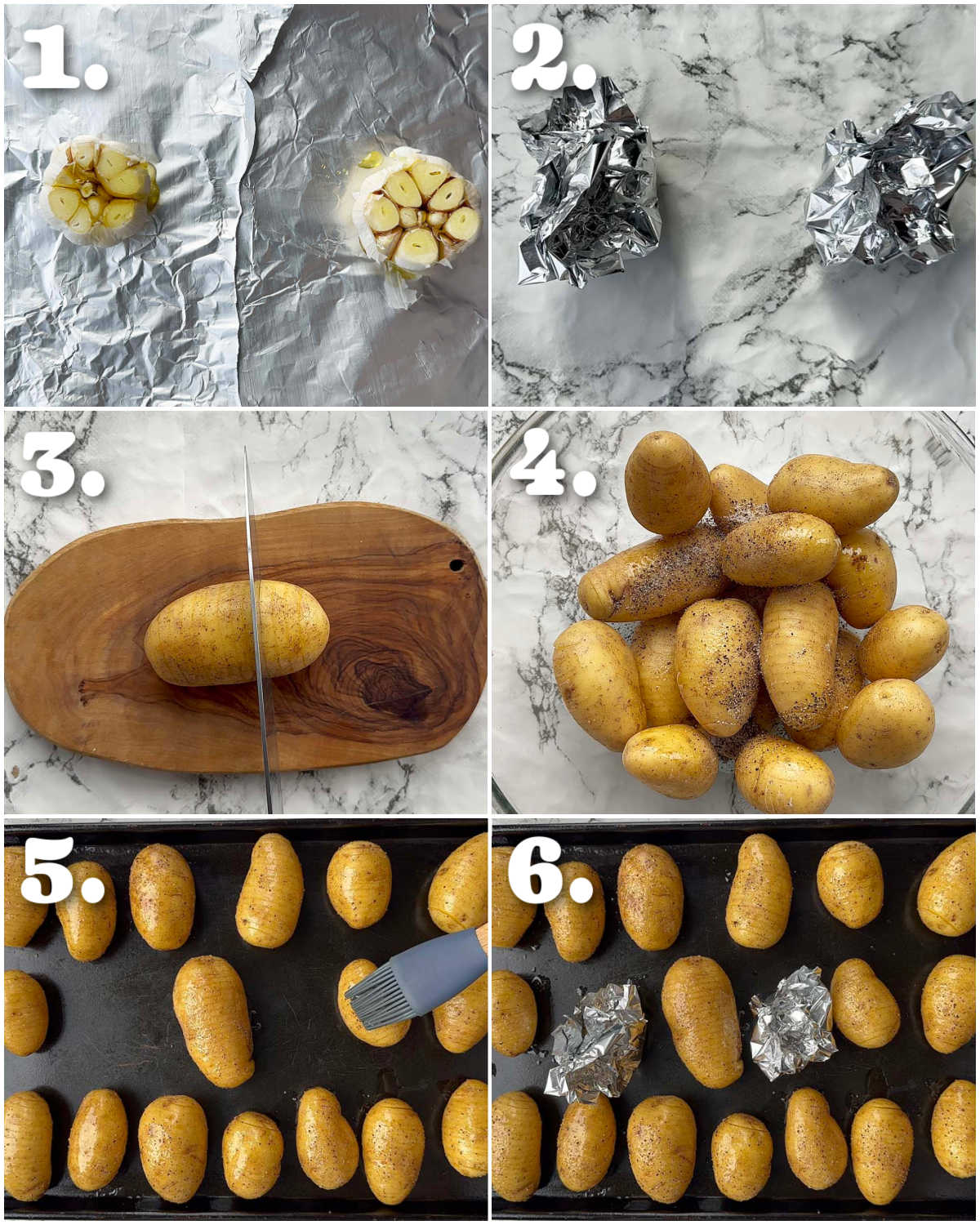 6 step by step photos showing how to make garlic butter potatoes