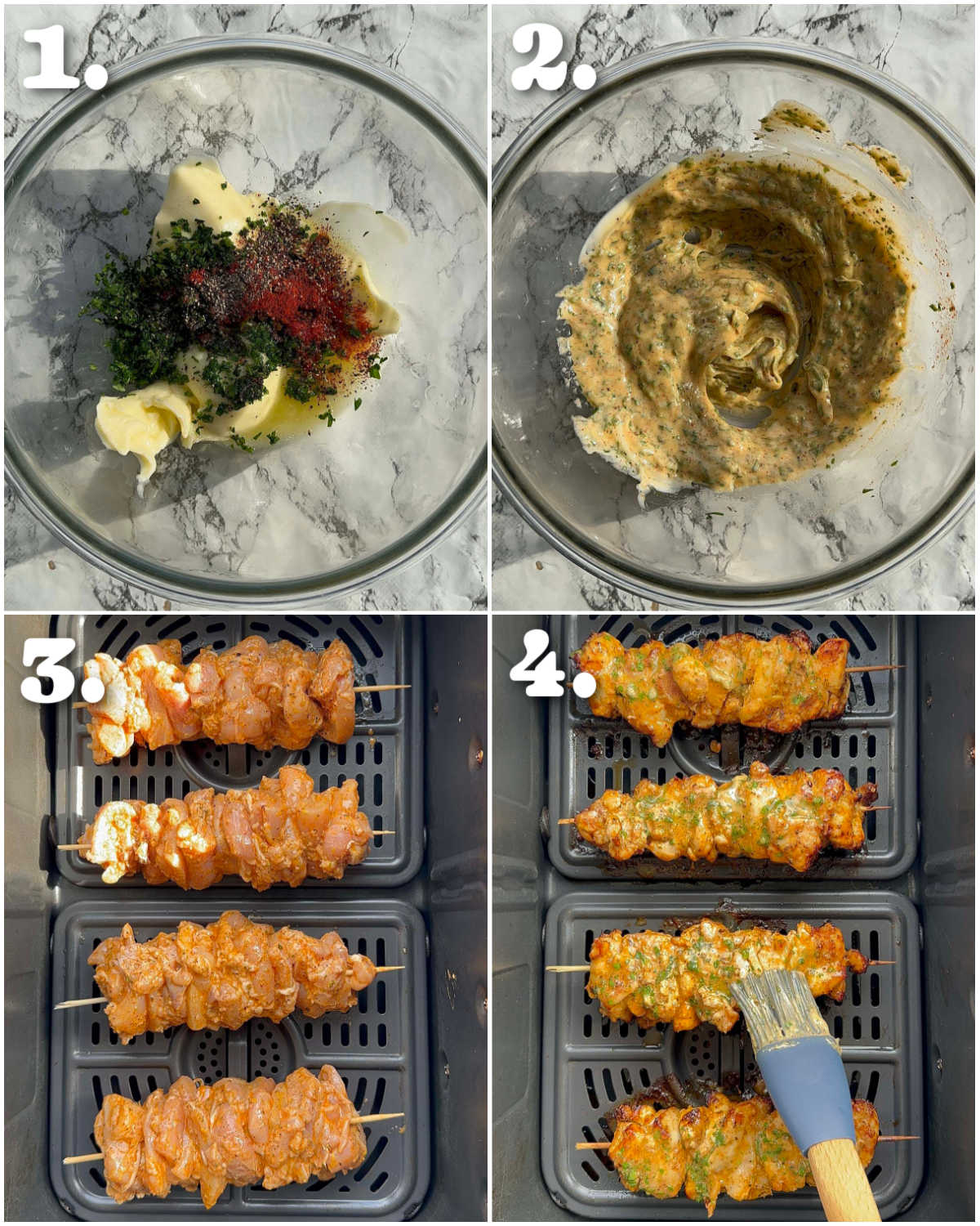 4 step by step photos showing how to make lemon butter chicken skewers