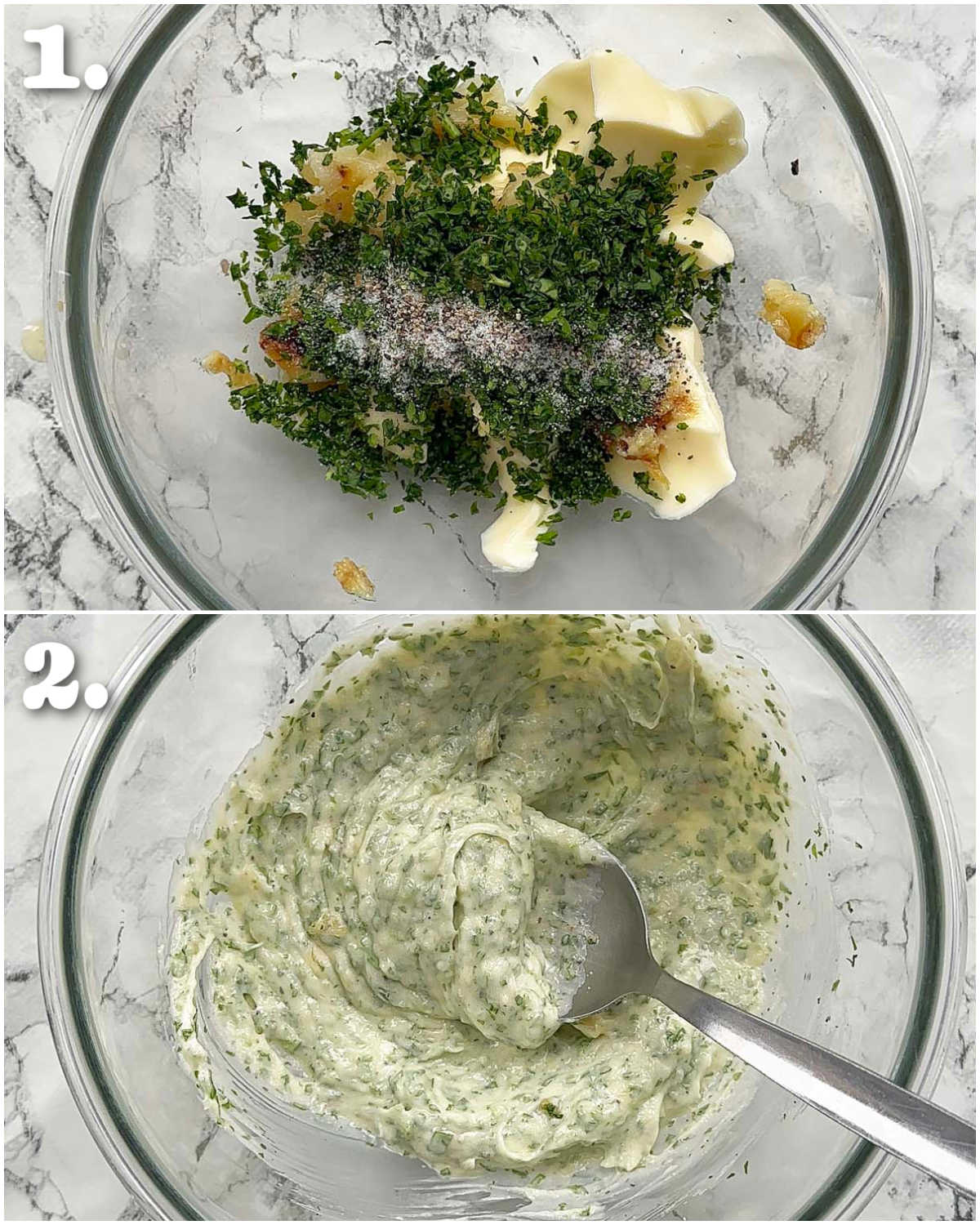 2 step by step photos showing how to make roasted garlic butter