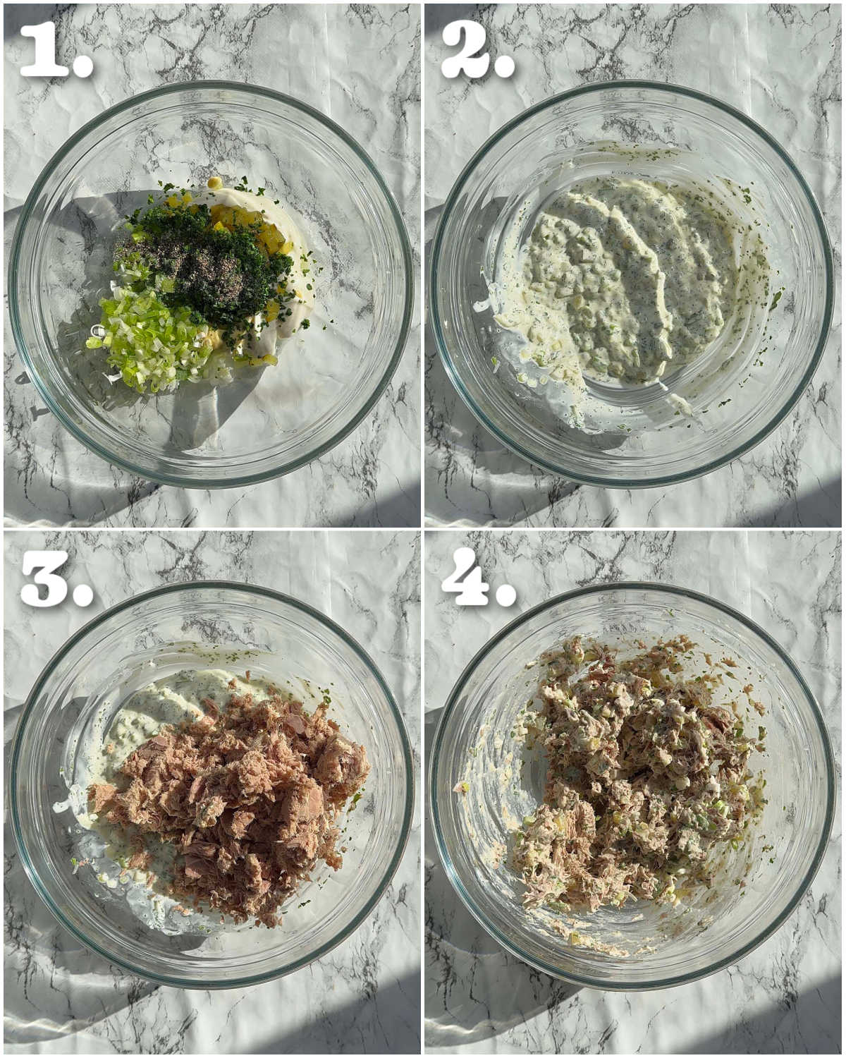4 step by step photos showing how to make tuna melt filling