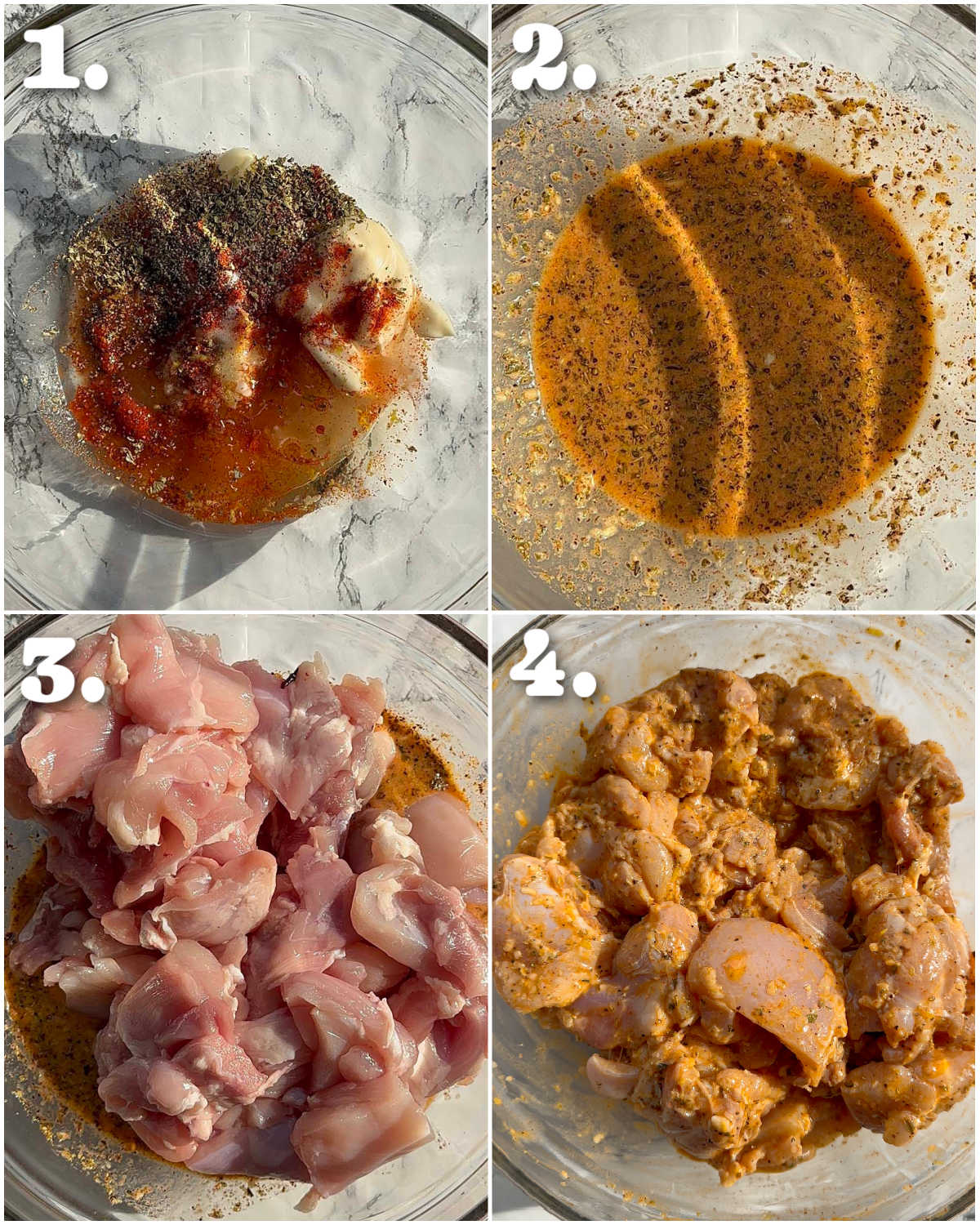 4 step by step photos showing how to marinate lemon chicken