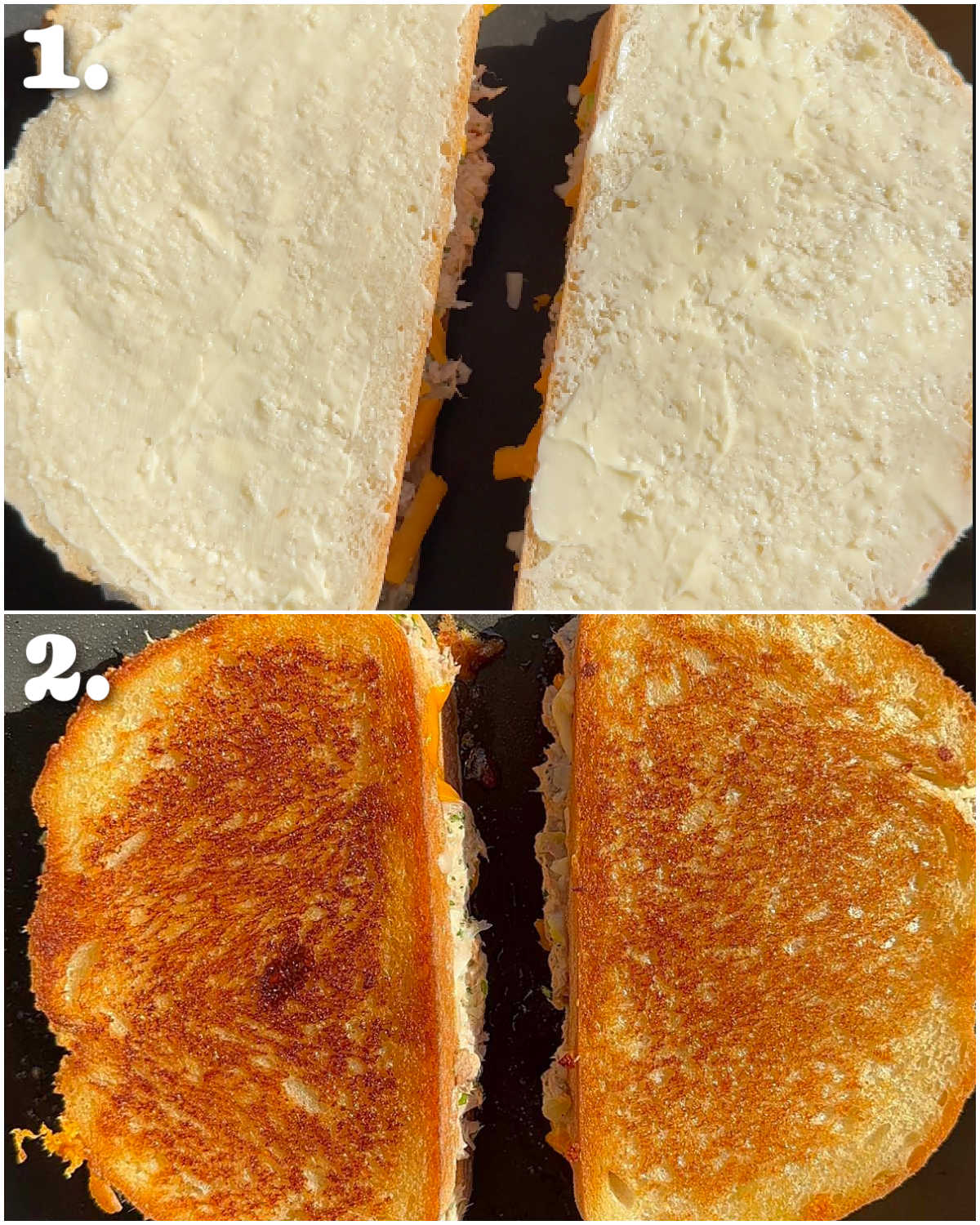 2 step by step photos showing how to pan fry a tuna melt