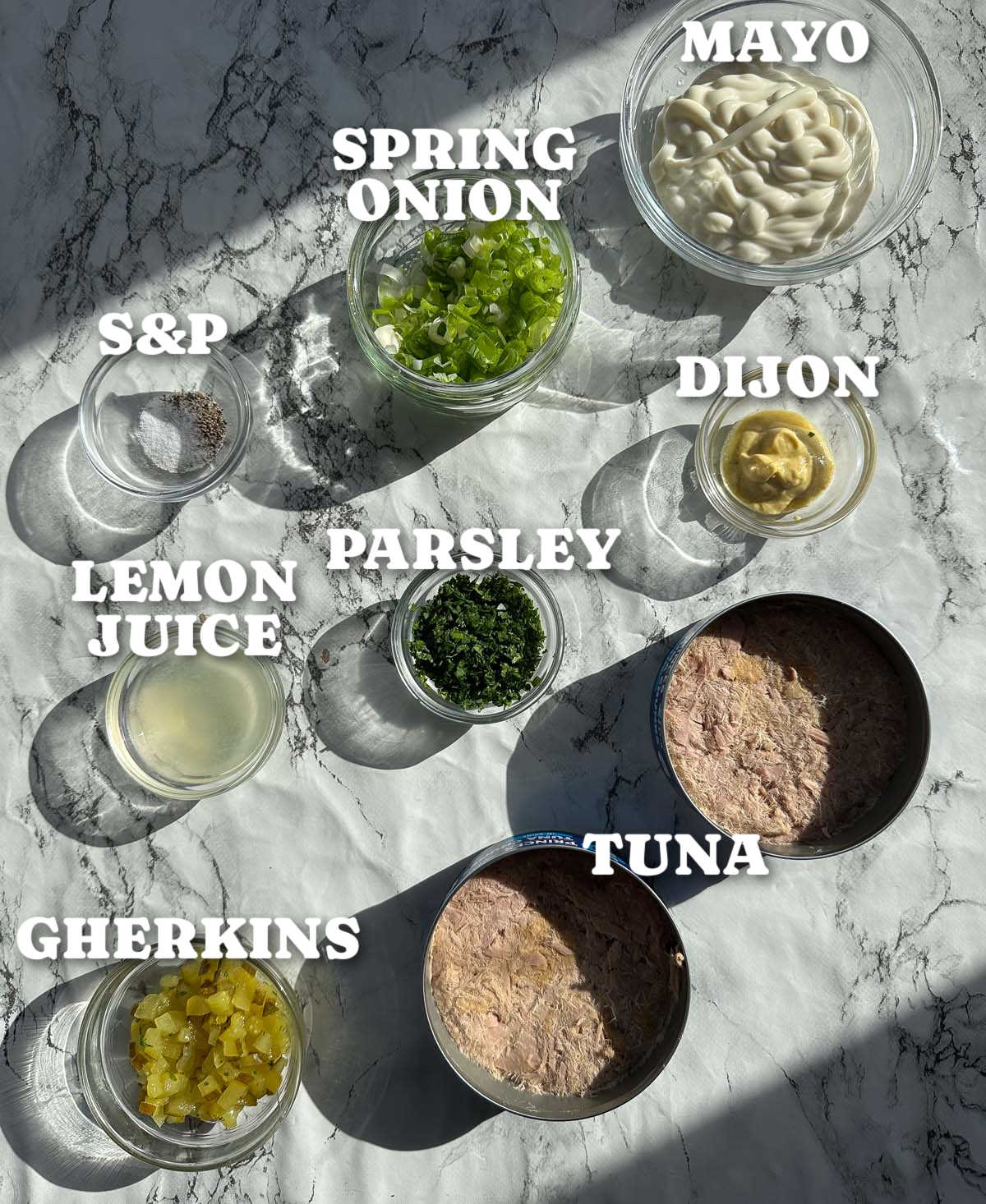 overhead shot of tuna melt filling ingredients with text labels