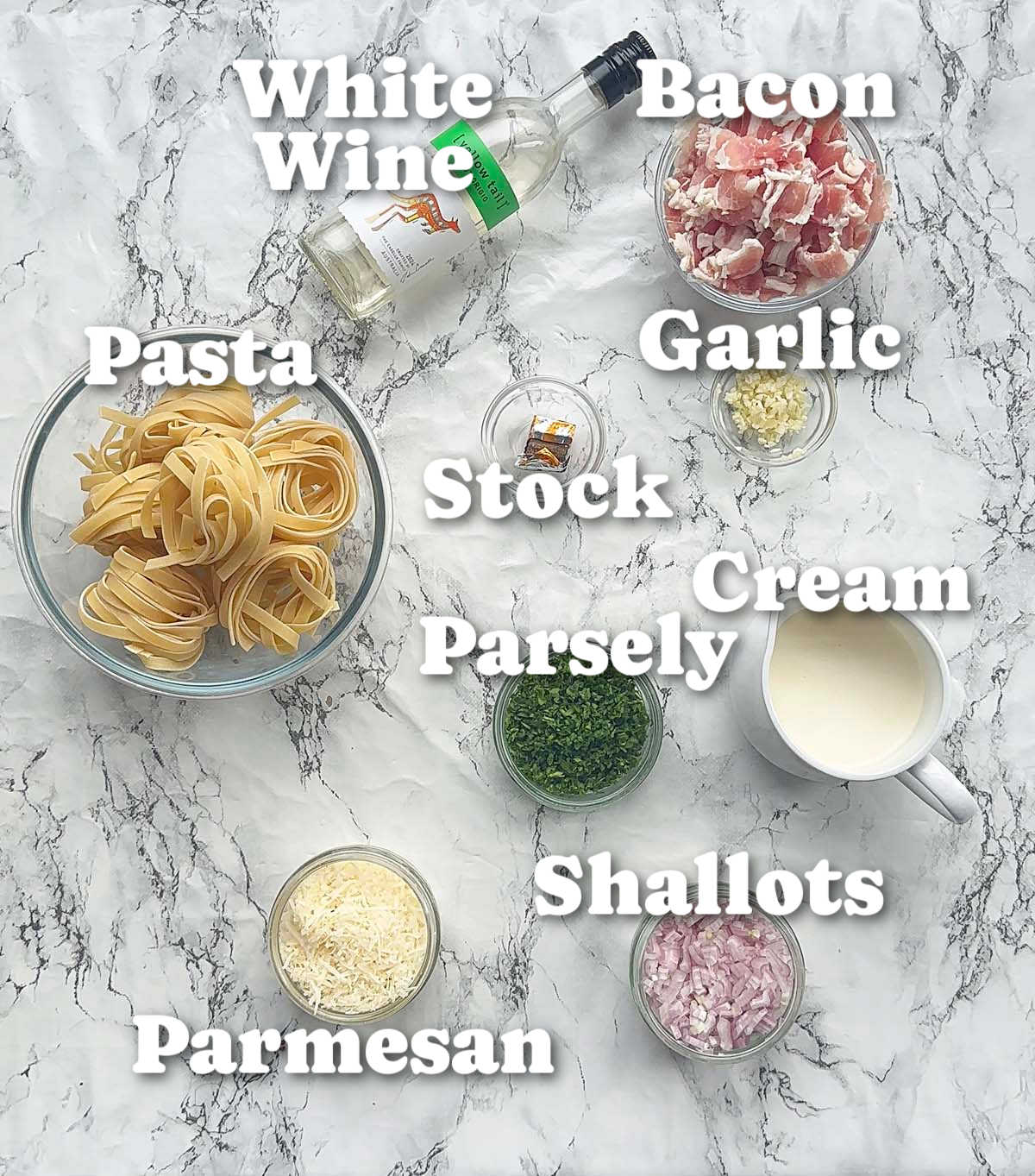 overhead shot of creamy bacon pasta ingredients with text labels