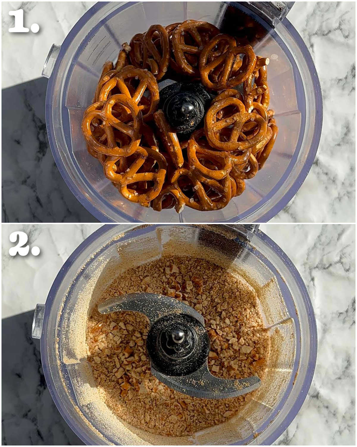 2 step by step photos showing how to crush pretzels