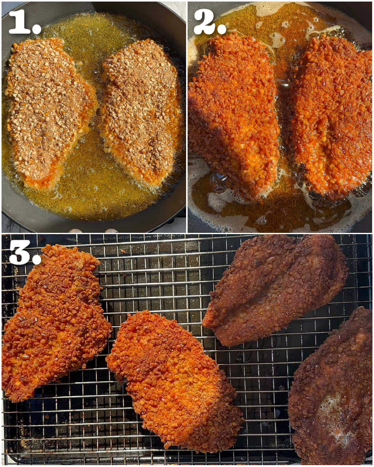 3 step by step photos showing how to fry pretzel chicken
