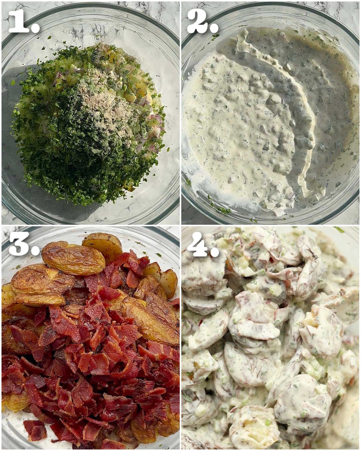 4 step by step photos showing how to make crispy potato salad