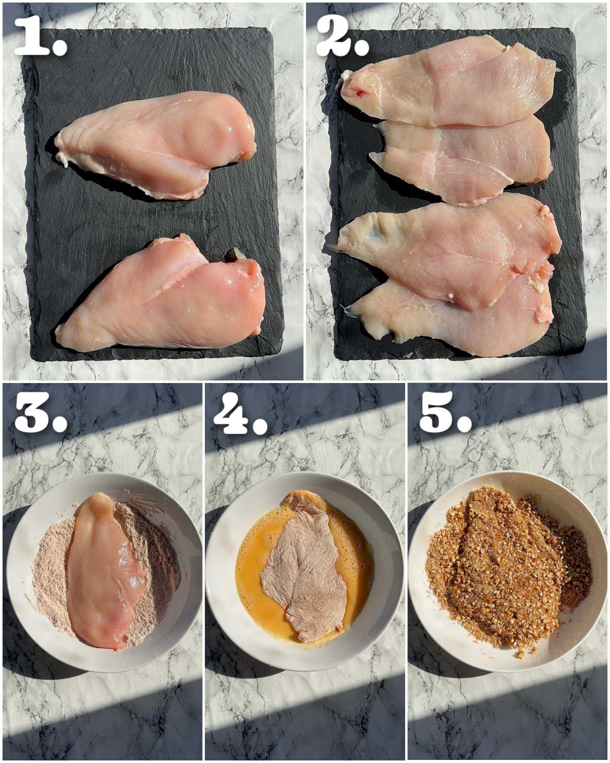 5 step by step photos showing how to make pretzel crusted chicken