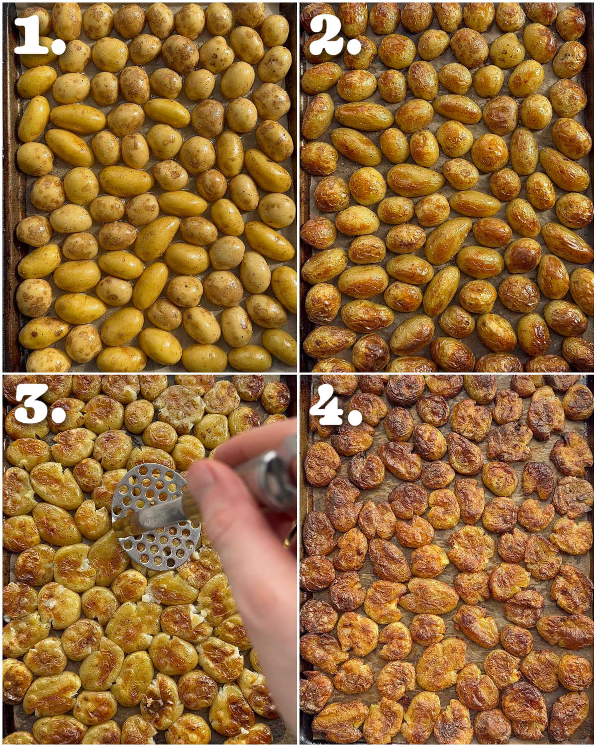 4 step by step photos showing how to make smashed potatoes
