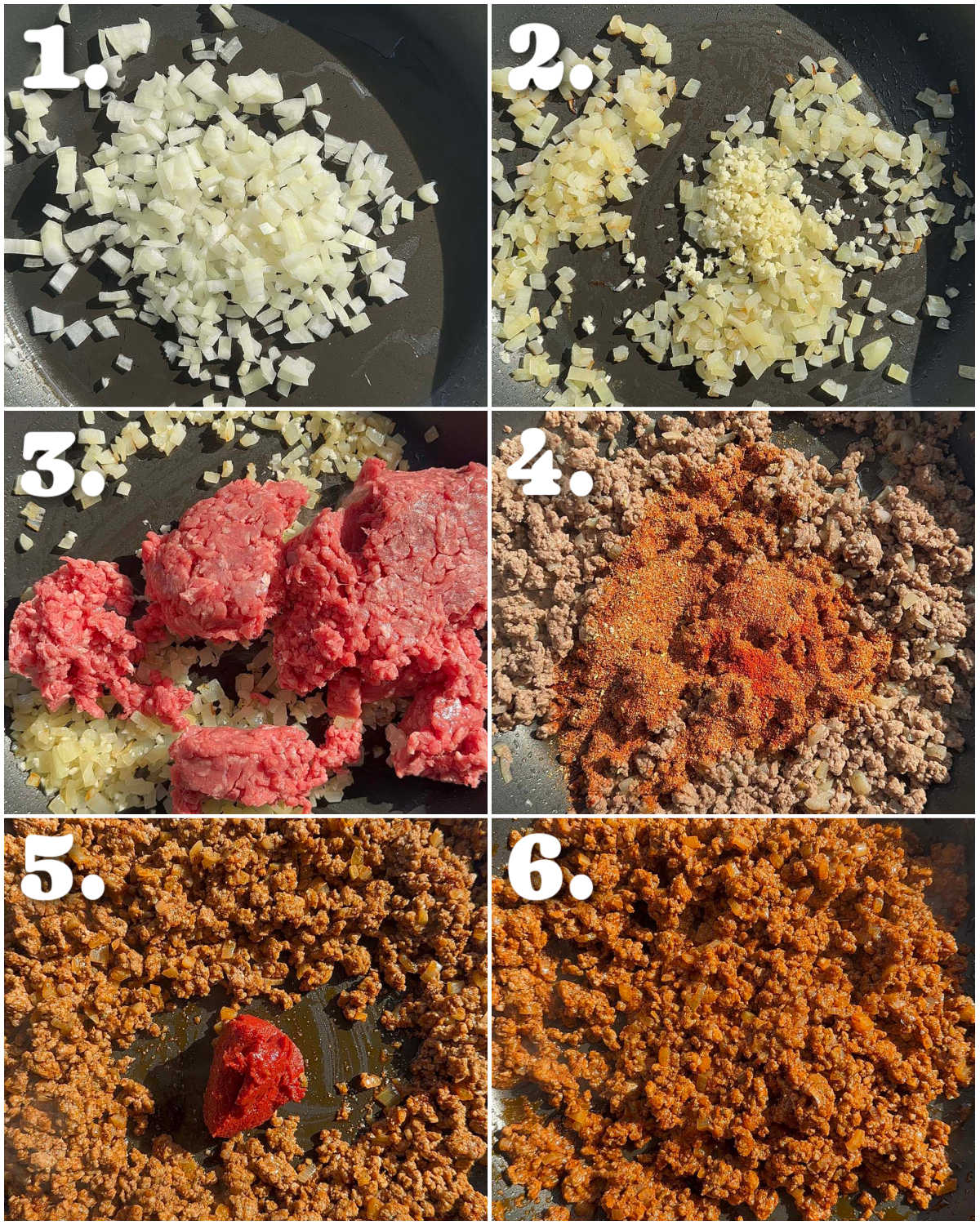 6 step by step photos showing how to make taco beef
