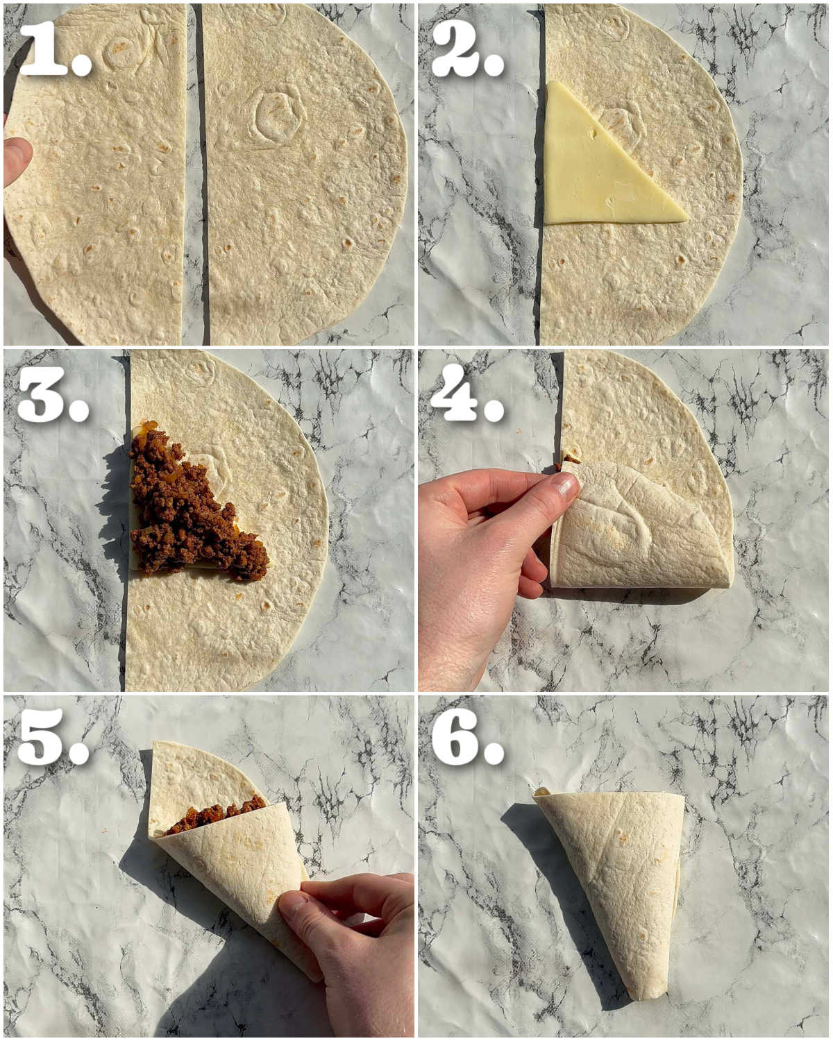 6 step by step photos showing how to make taco pockets