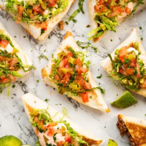 overhead shot of taco pockets on marble backdrop