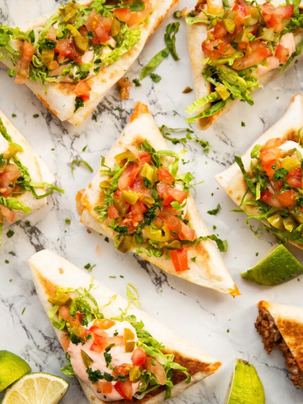 overhead shot of taco pockets on marble backdrop
