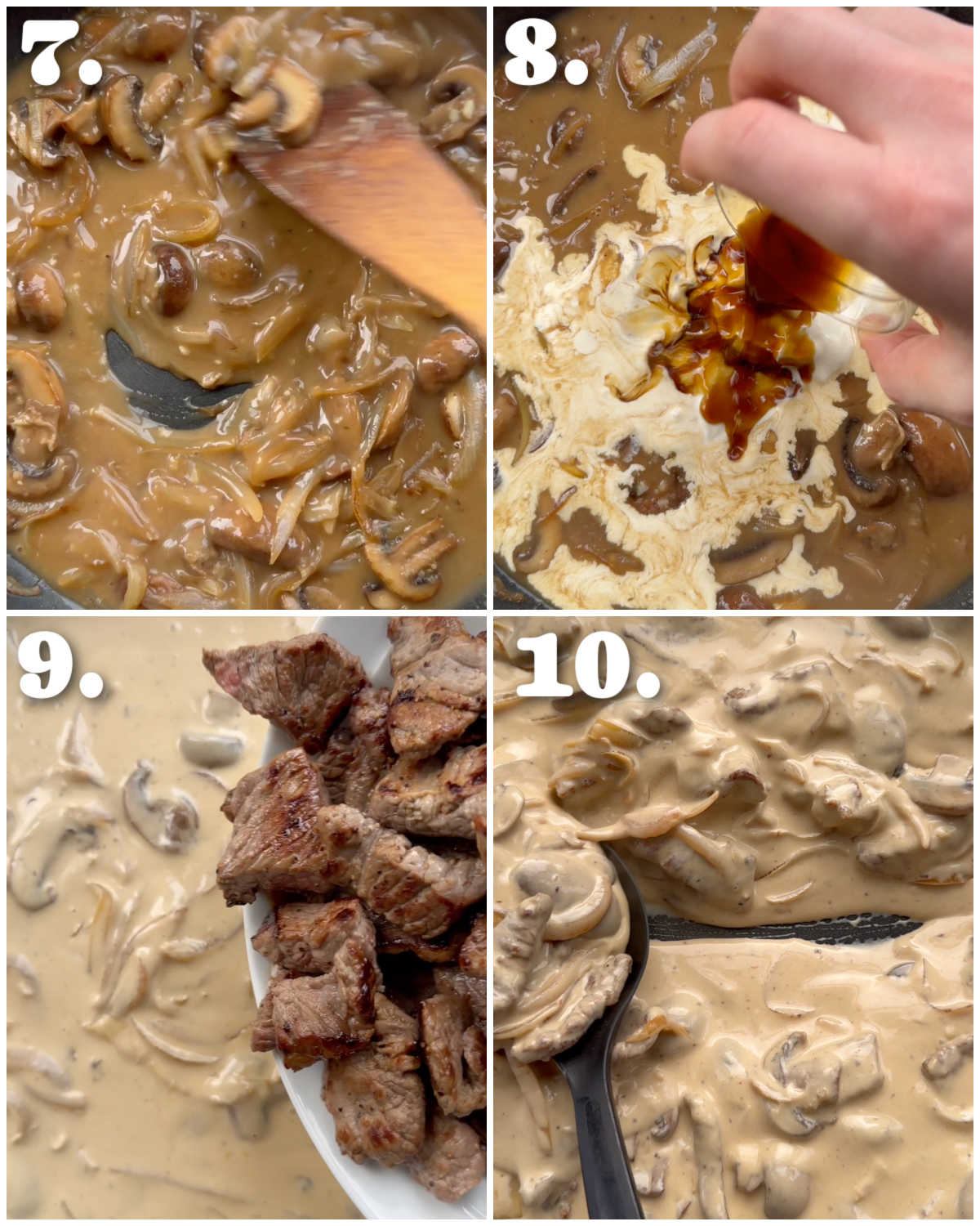 4 step by step photos showing how to make beef stroganoff