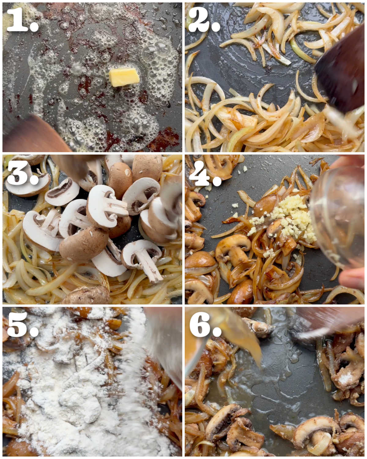 6 step by step photos showing how to make beef stroganoff