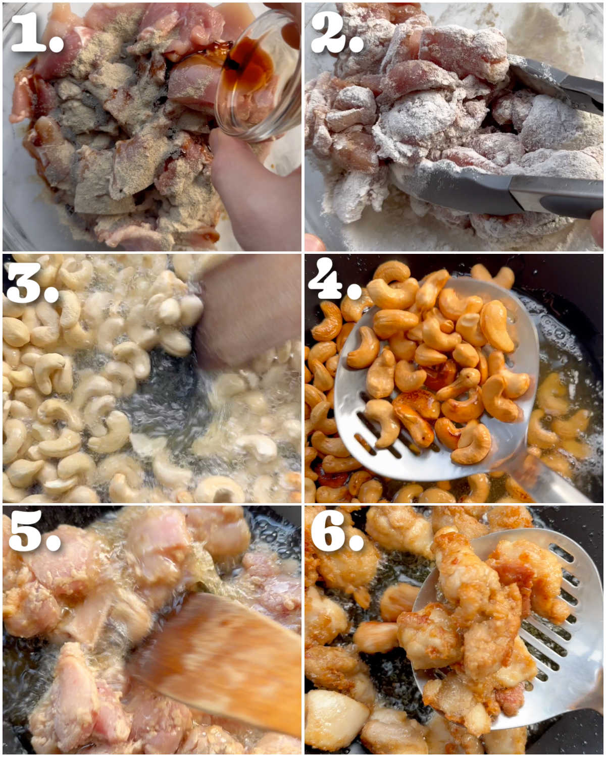 6 step by step photos showing how to make chicken and cashews