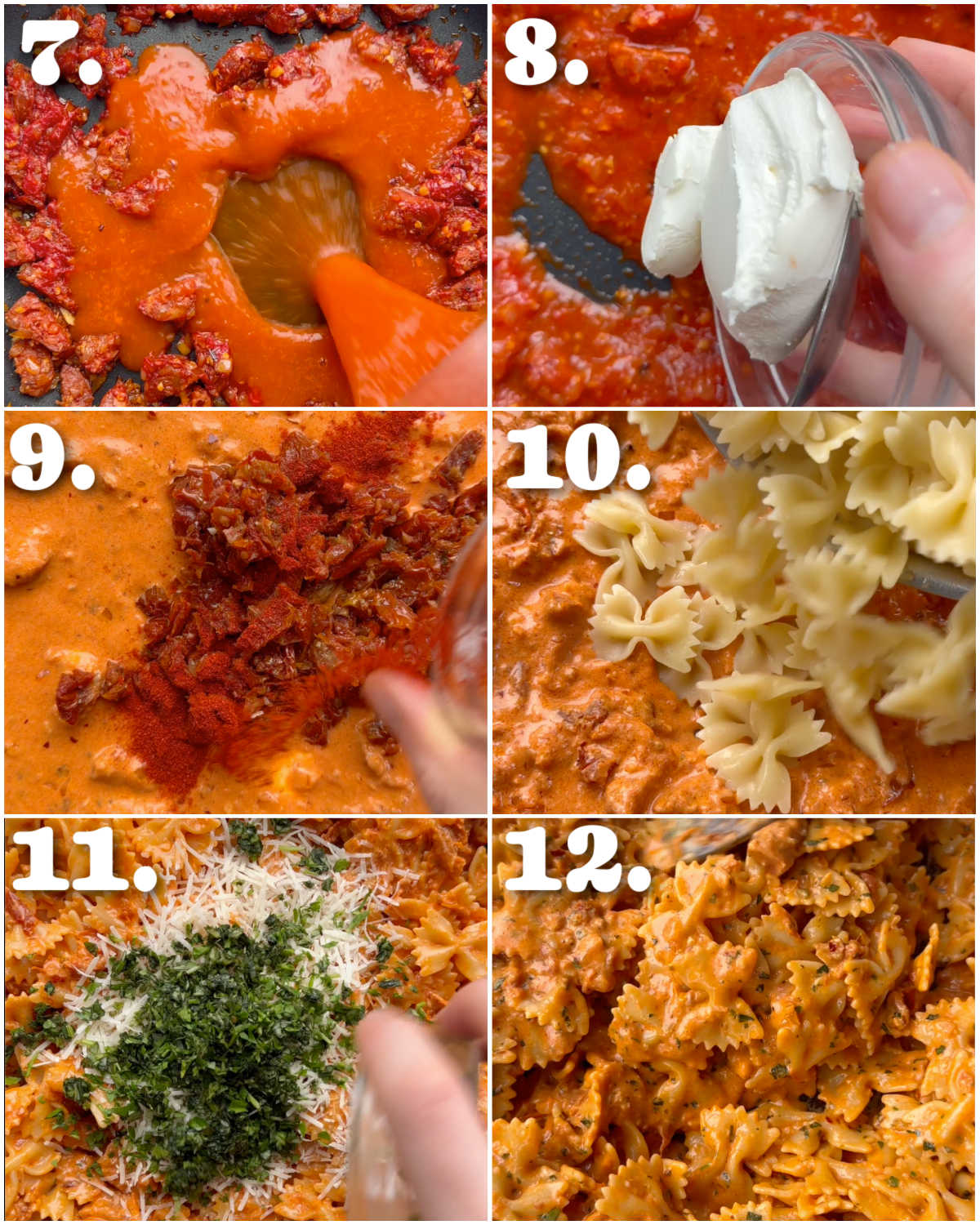 6 step by step photos showing how to make chorizo pasta