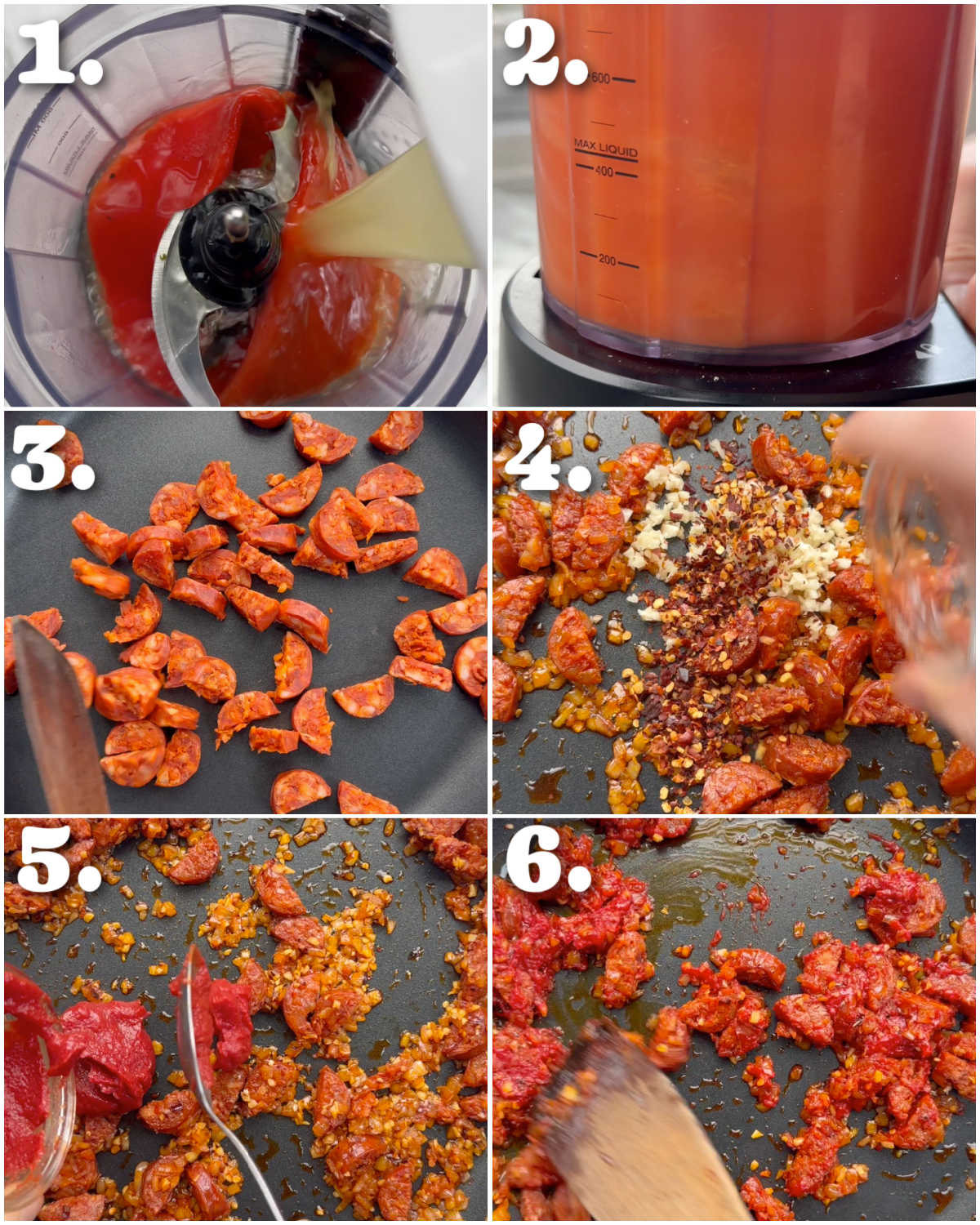 6 step by step photos showing how to make chorizo pasta