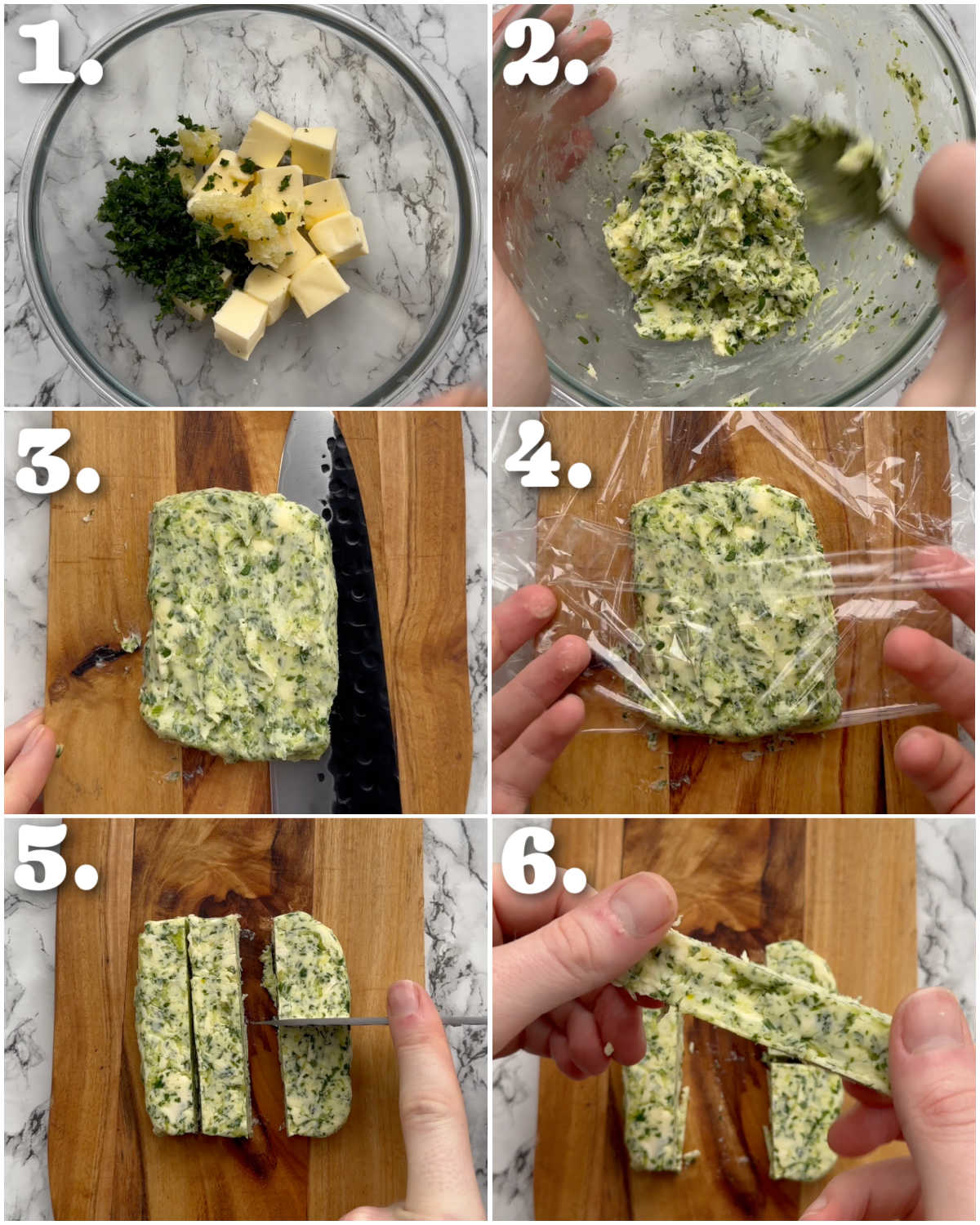 6 step by step photos showing how to make garlic butter for chicken kyiv