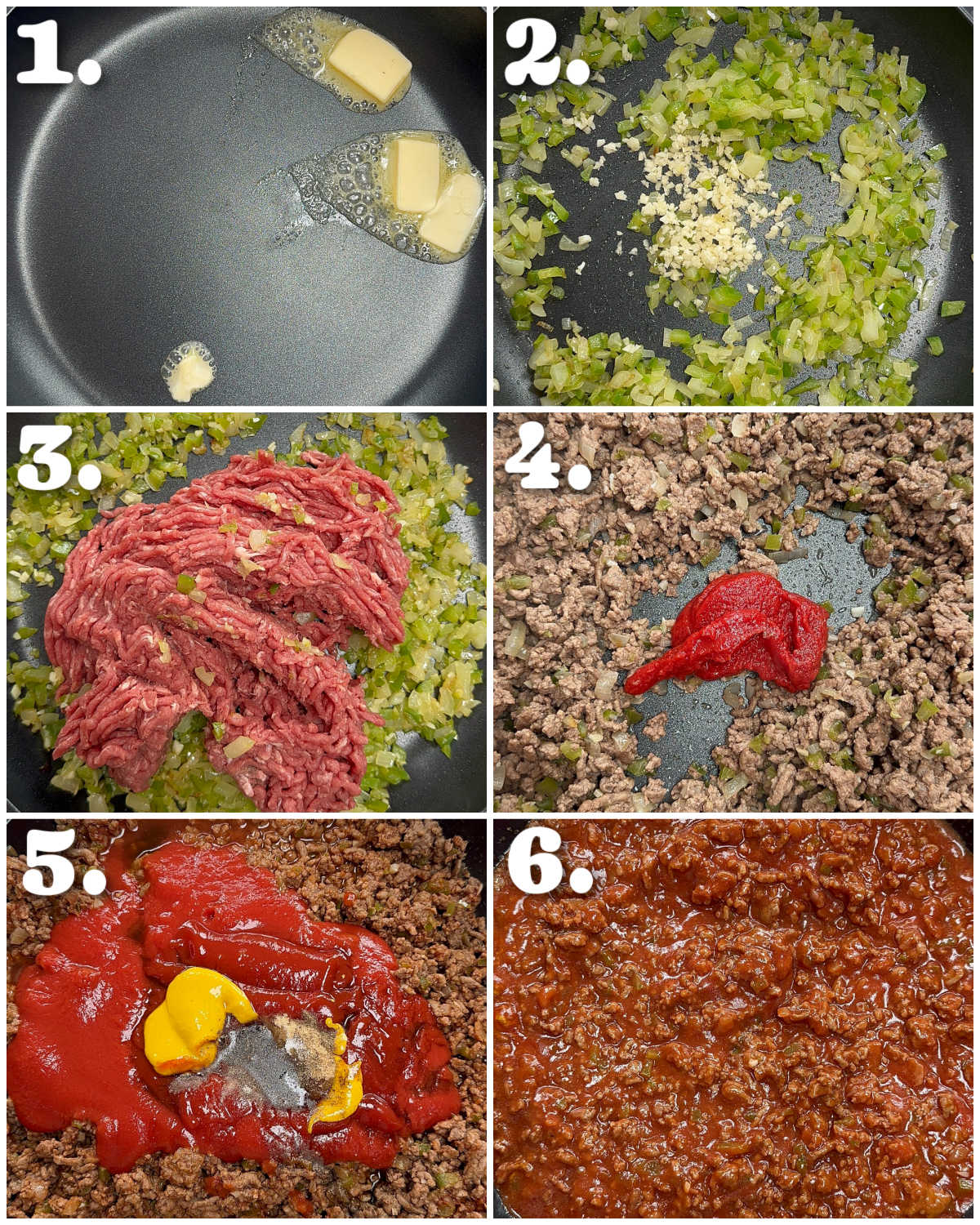 6 step by step photos showing how to make sloppy joes