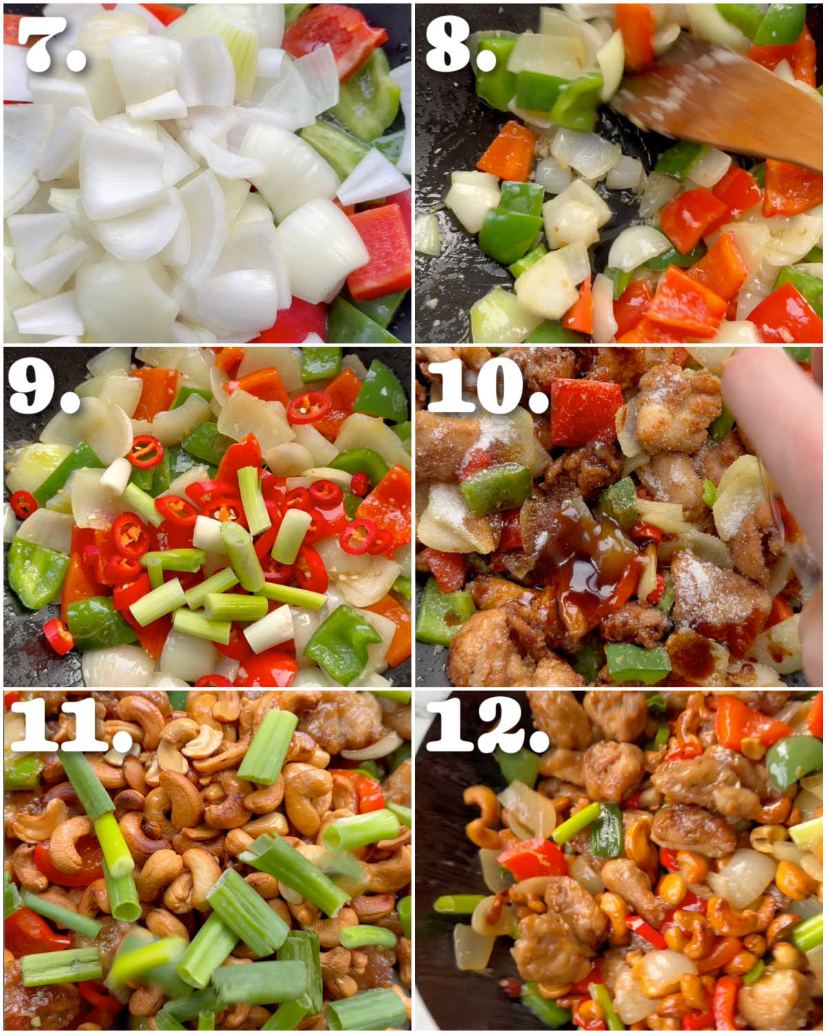 6 step by step photos showing how to make Thai cashew chicken