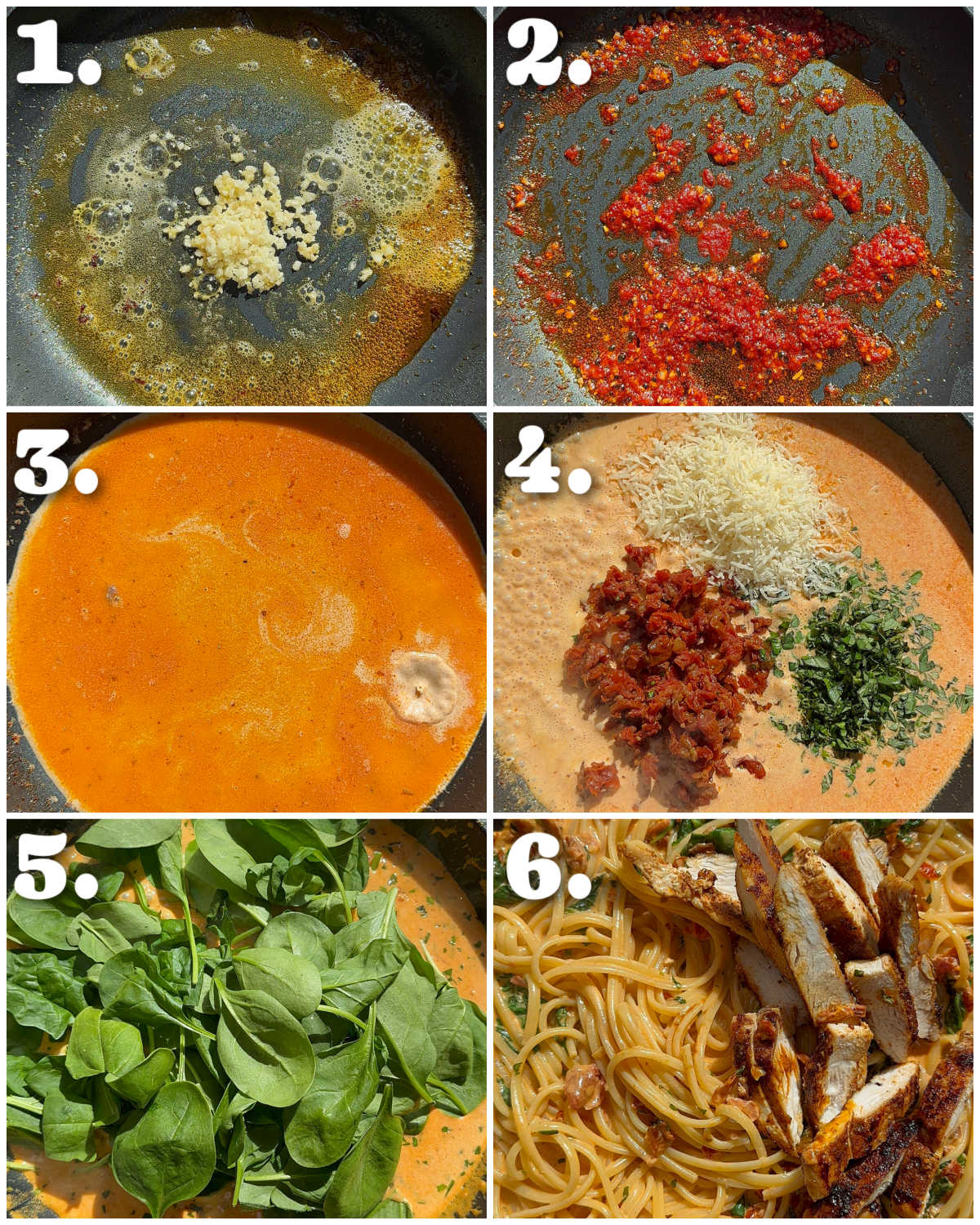 6 step by step photos showing how to make tuscan chicken pasta