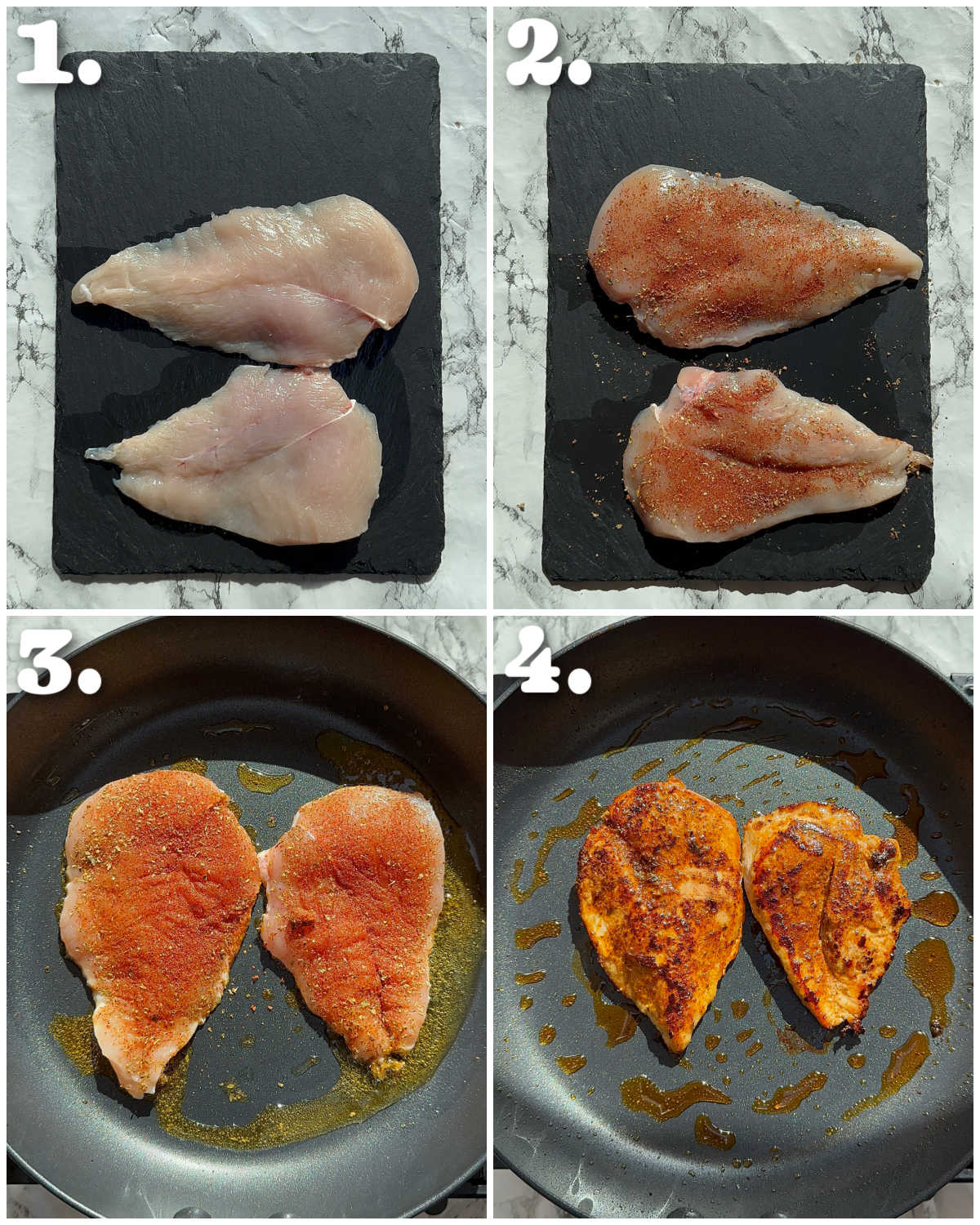 4 step by step photos showing how to make tuscan chicken