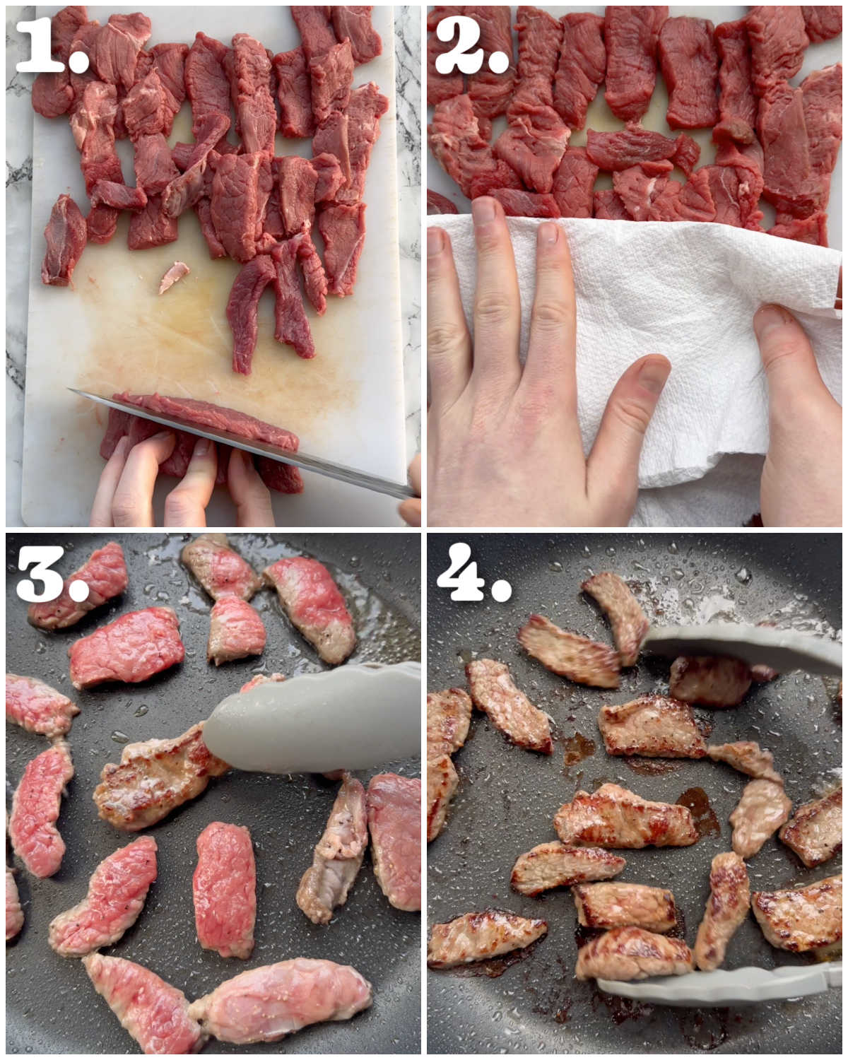 4 step by step photos showing how to prepare beef stroganoff