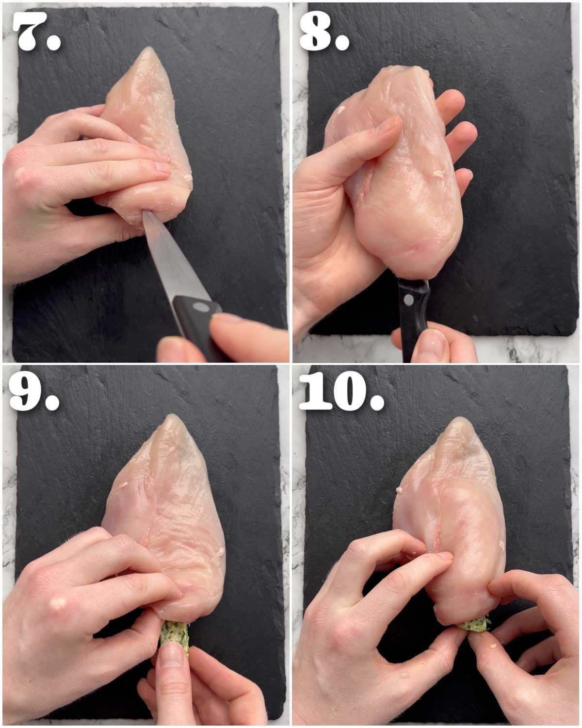 4 step by step photos showing how to prepare chicken kyiv
