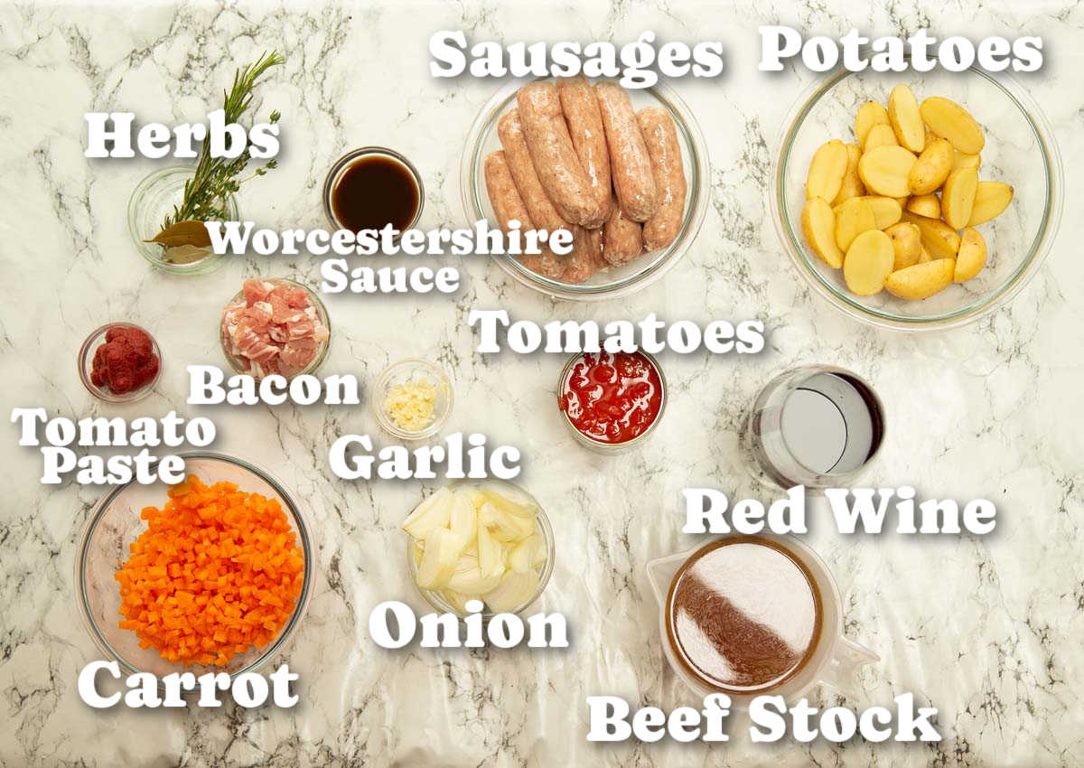 overhead shot of sausage casserole ingredients with text labels