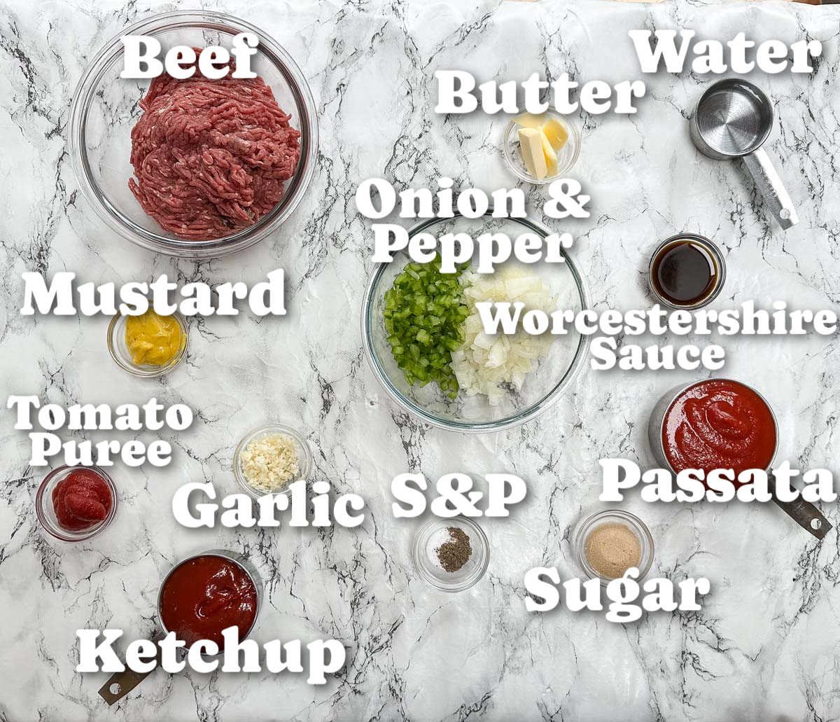 overhead shot of sloppy joe ingredients with text labels