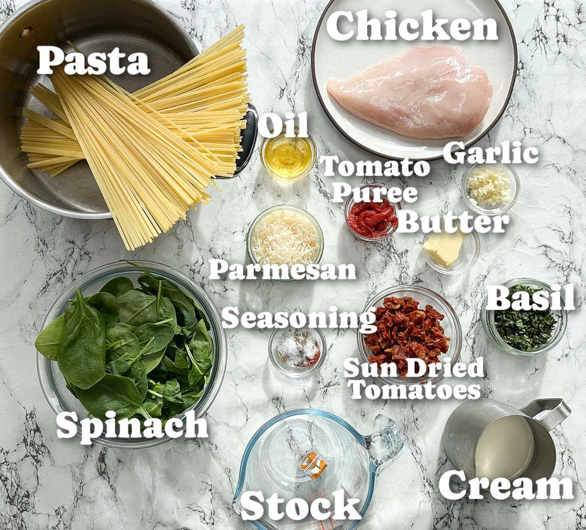 overhead shot of tuscan chicken pasta ingredients with text labels