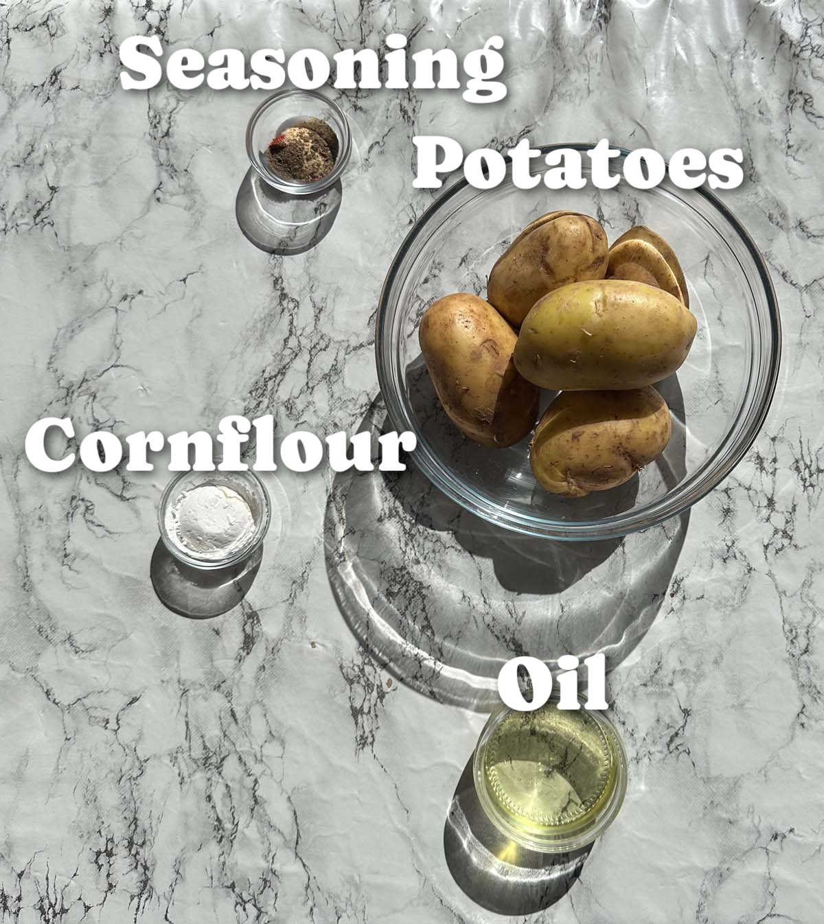 overhead shot of air fryer chips ingredients with text labels