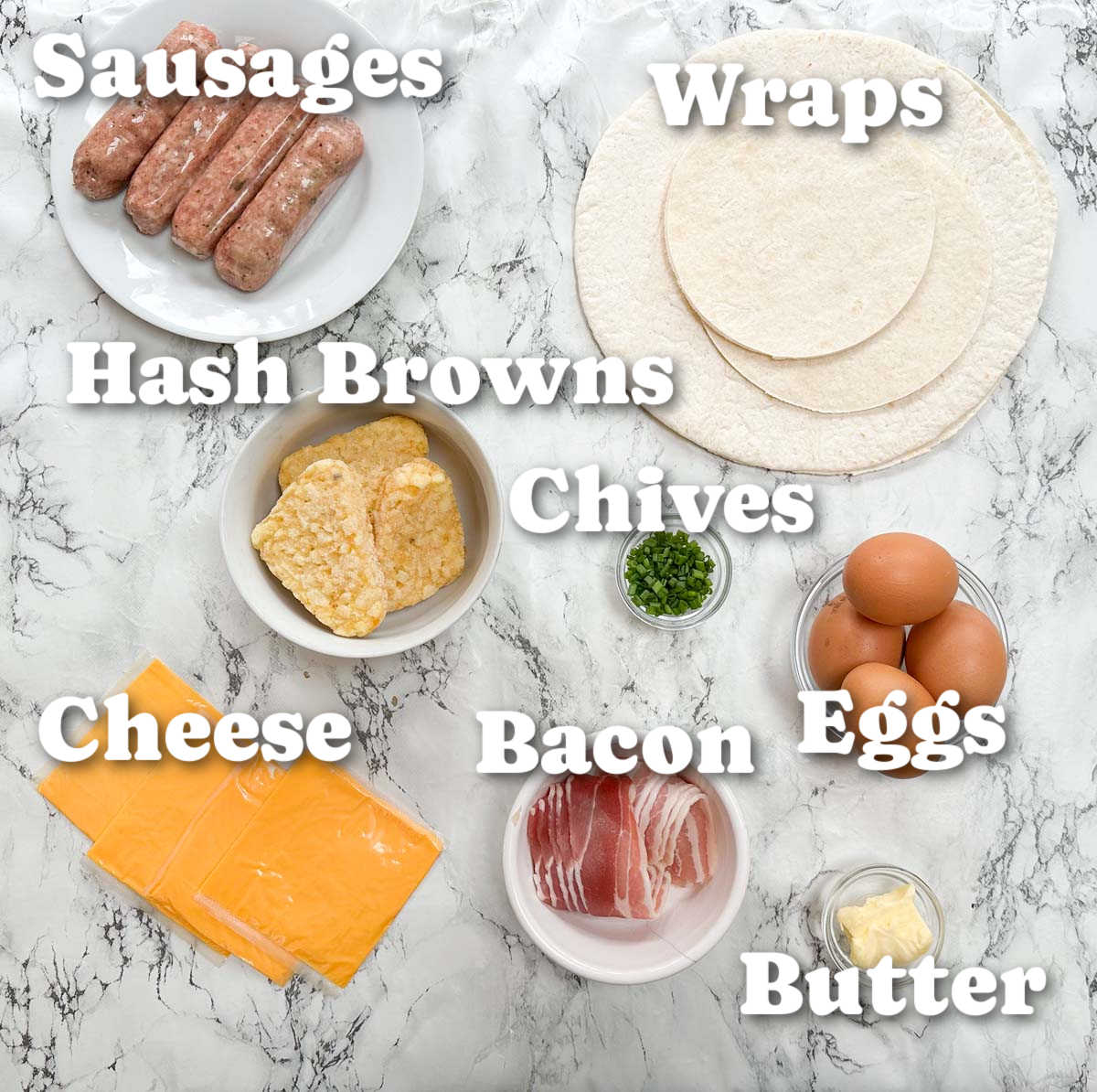 overhead shot of breakfast crunchwrap ingredients with text labels