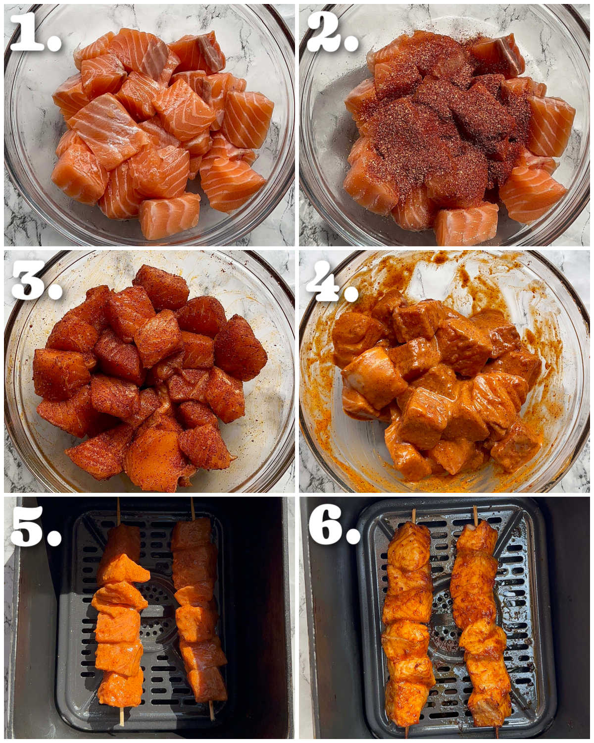 6 step by step photos showing how to make bang bang salmon skewers