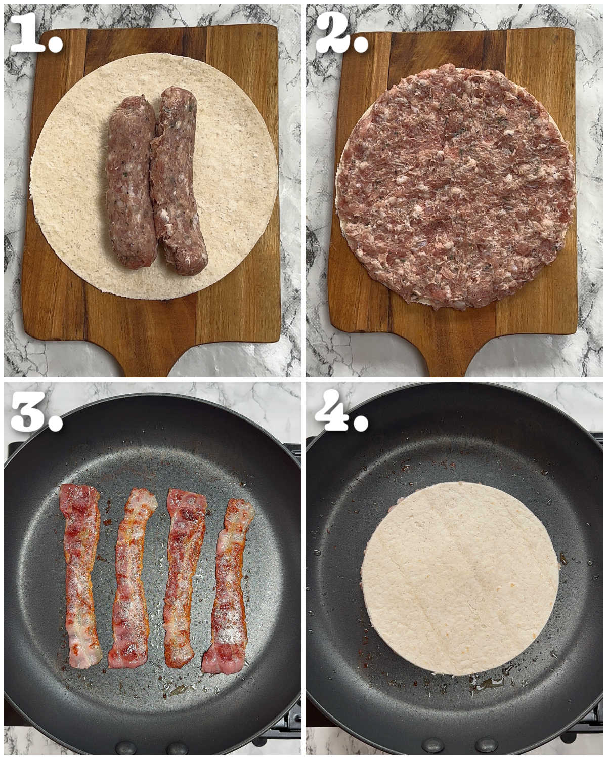 4 step by step photos showing how to make breakfast crunchwraps