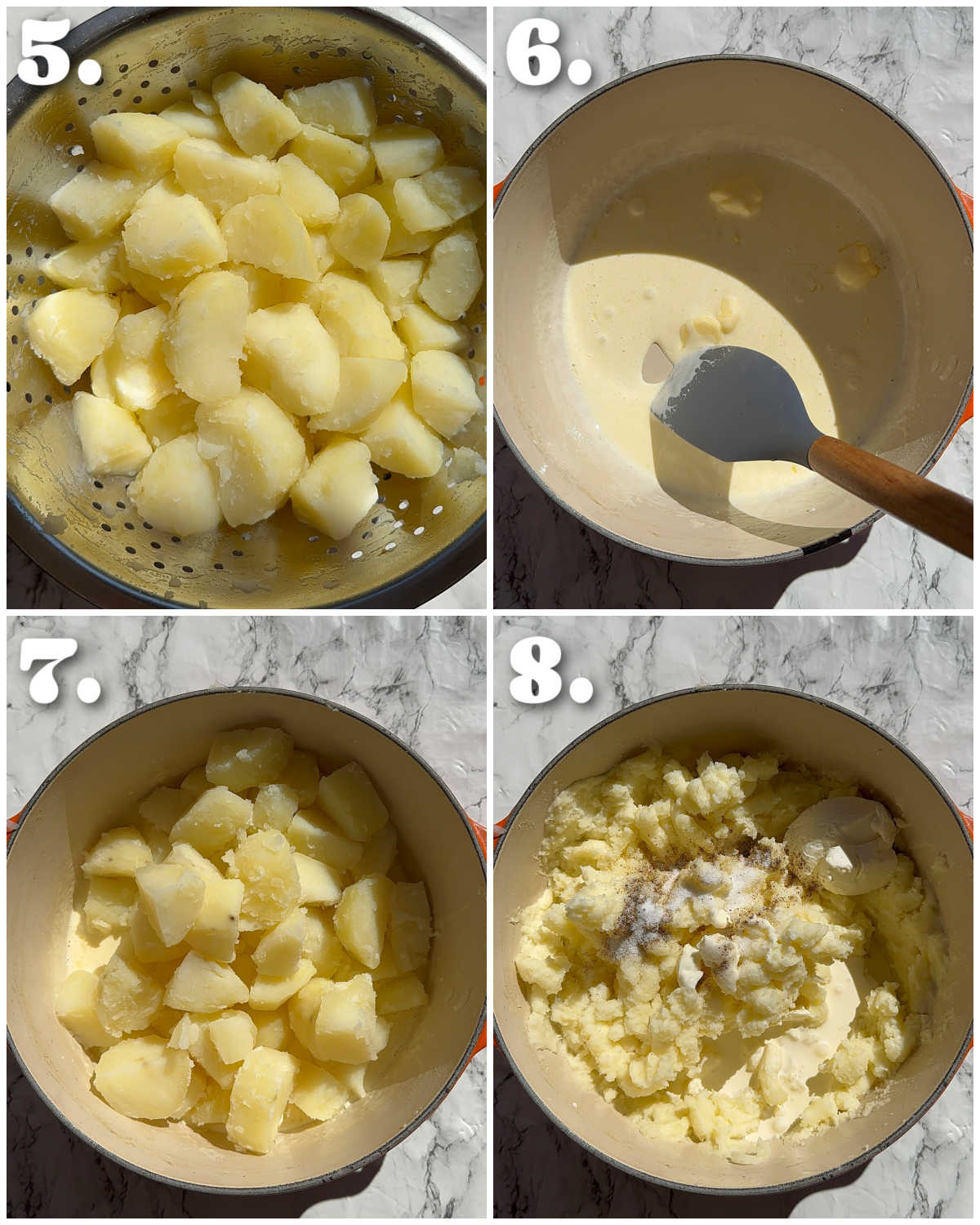 8 step by step photos showing how to make creamy mashed potato