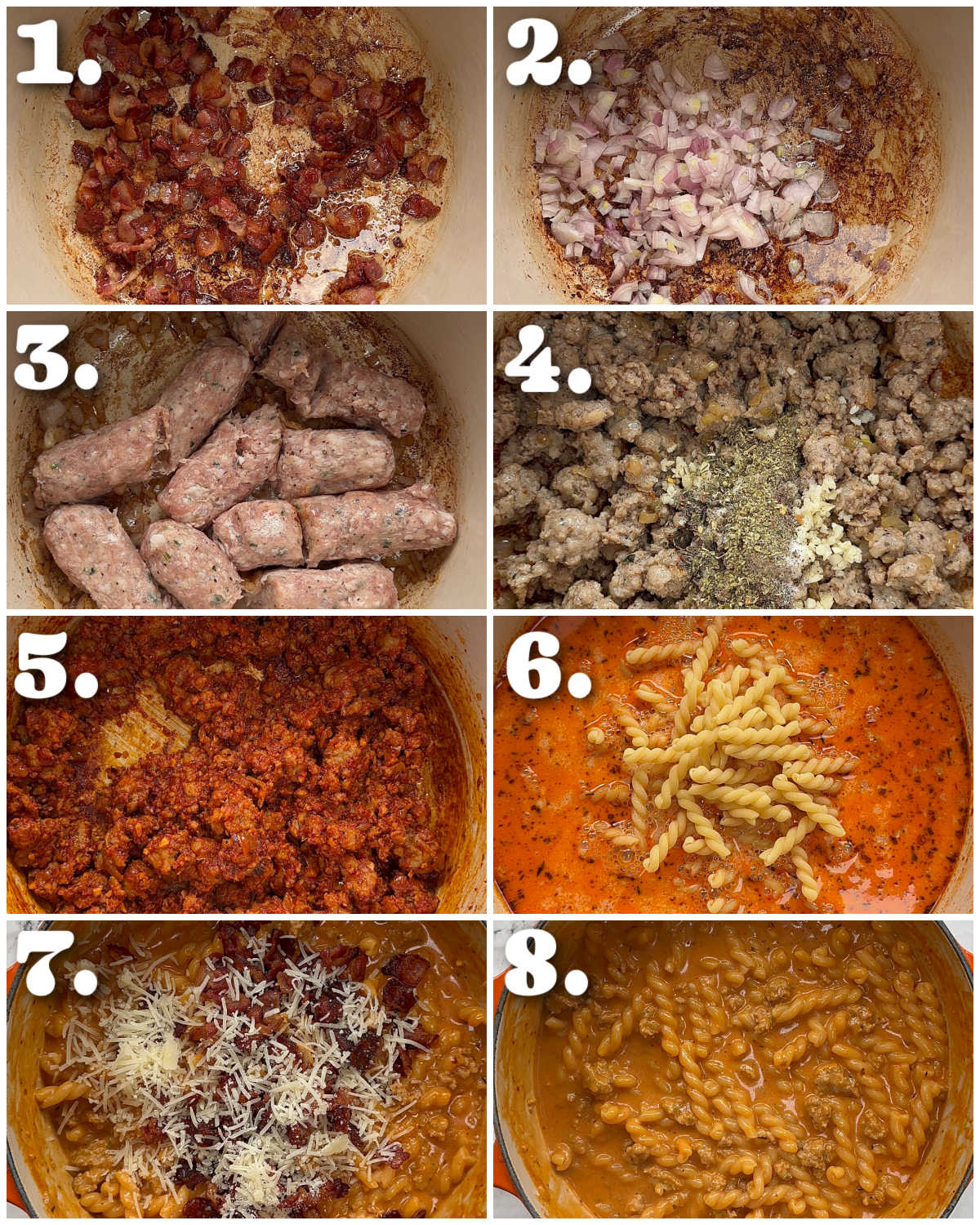 8 step by step photos showing how to make sausage and bacon pasta