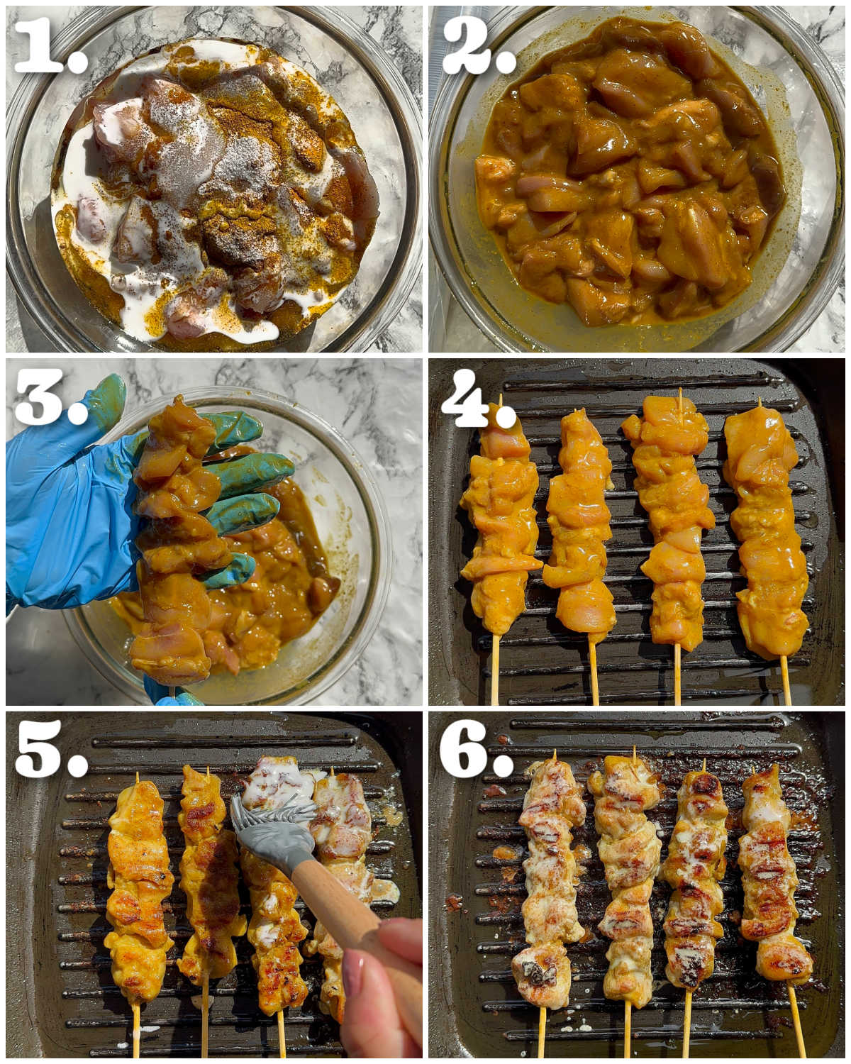 6 step by step photos showing how to make thai satay chicken skewers