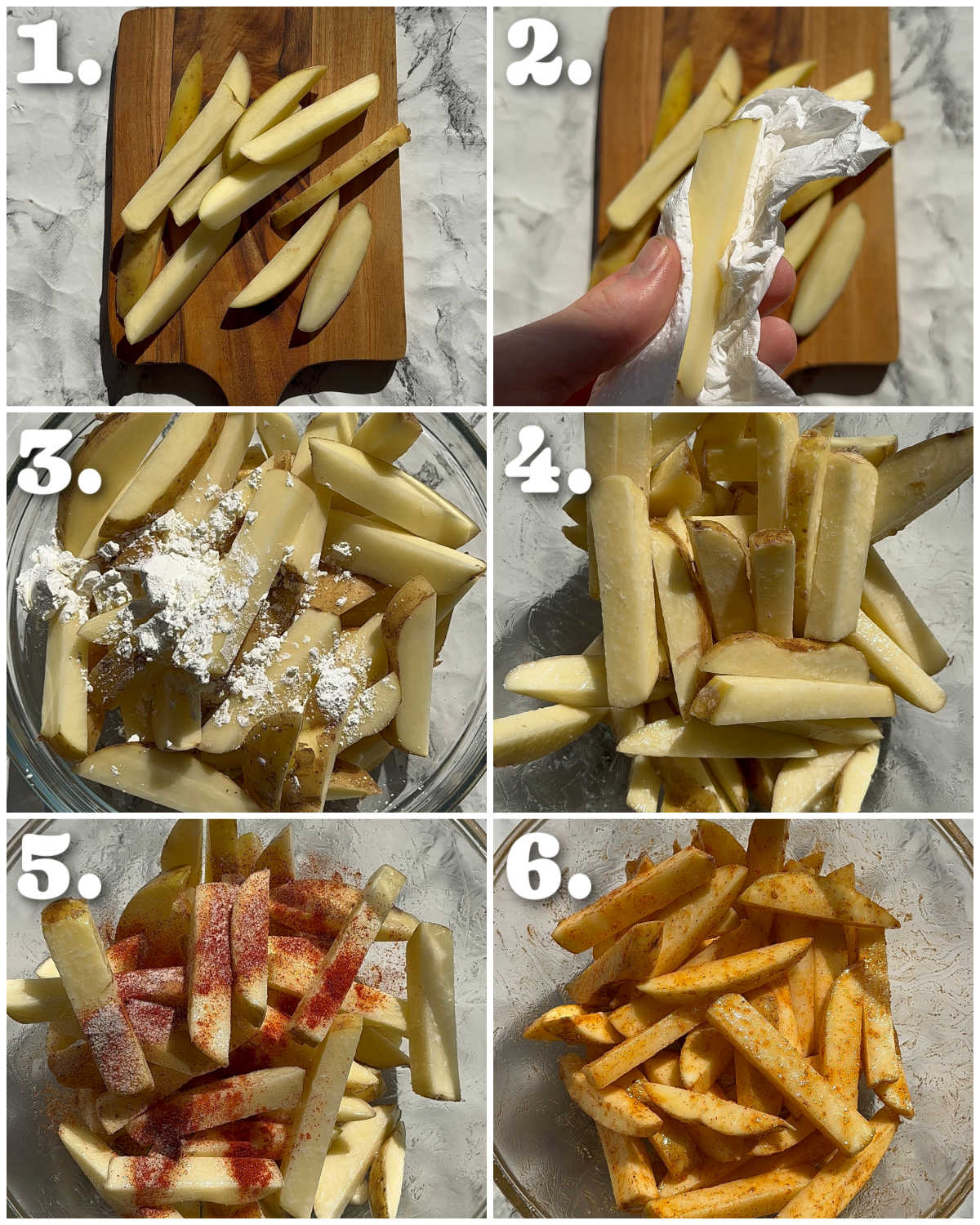 6 step by step photos showing how to prepare air fryer chips