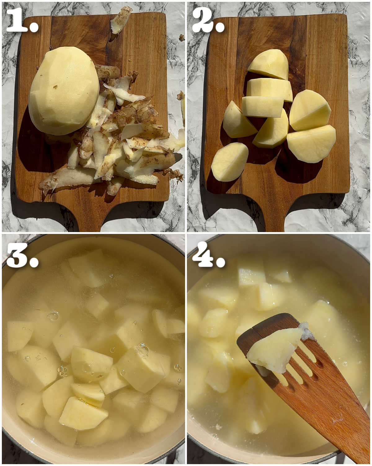 4 step by step photos showing how to prepare mashed potatoes