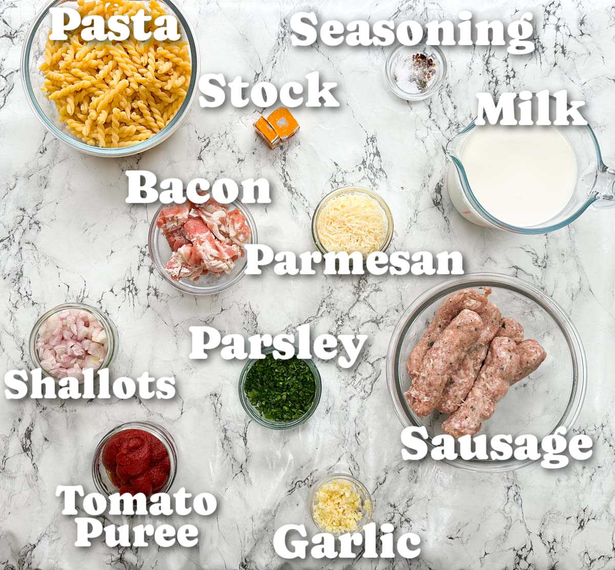 overhead shot of sausage and bacon pasta ingredients with text labels