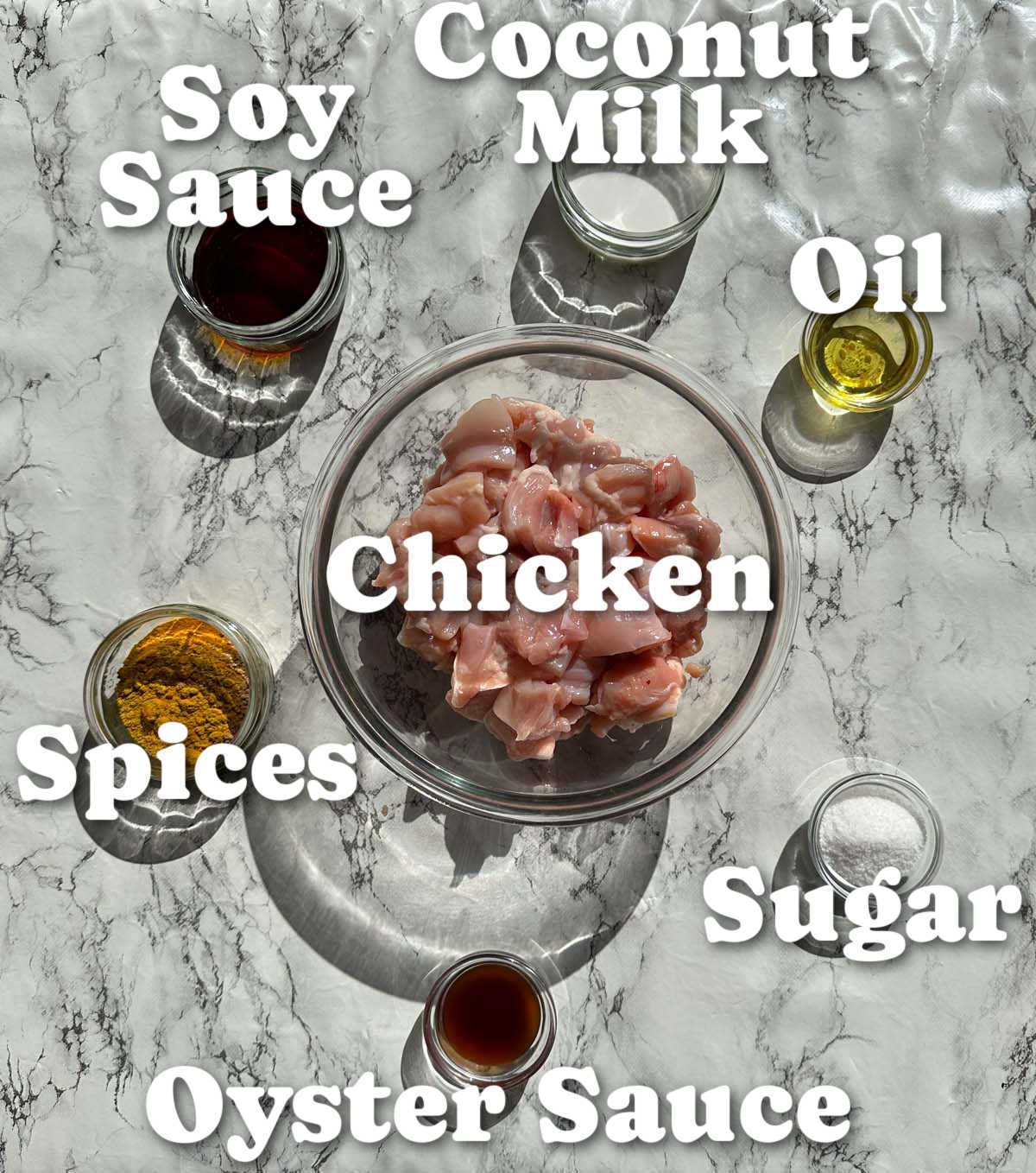 overhead shot of thai satay chicken skewers ingredients with text labels