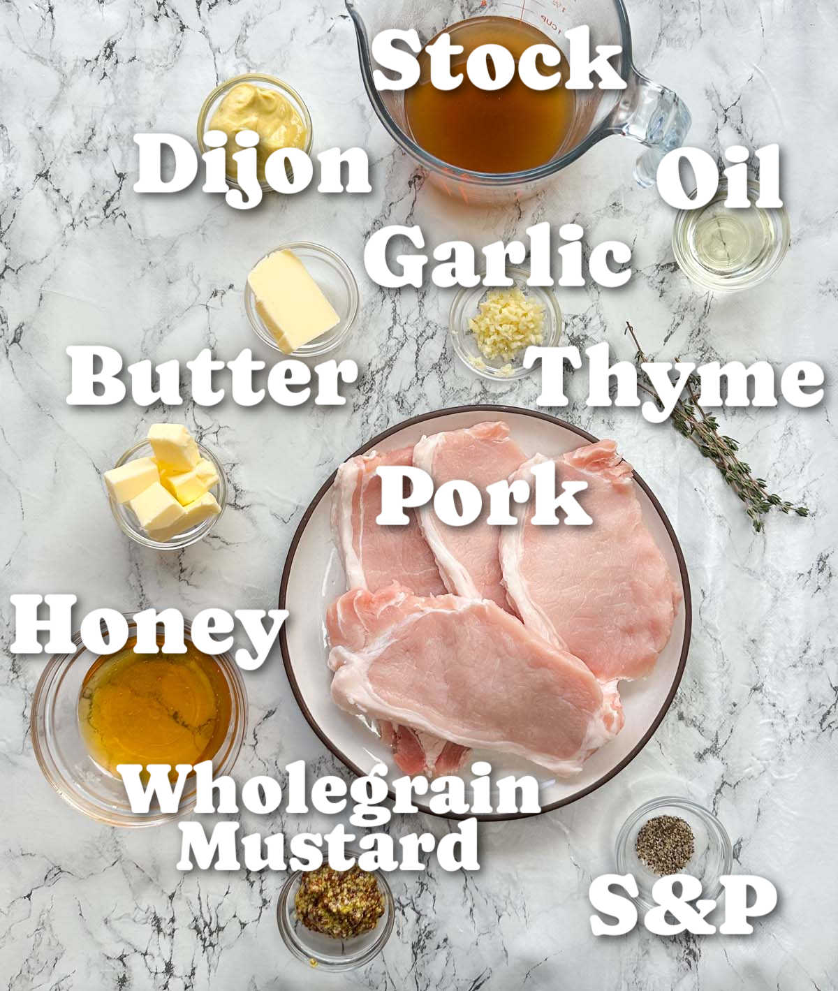 overhead shot of honey mustard pork chops ingredients with text labels 