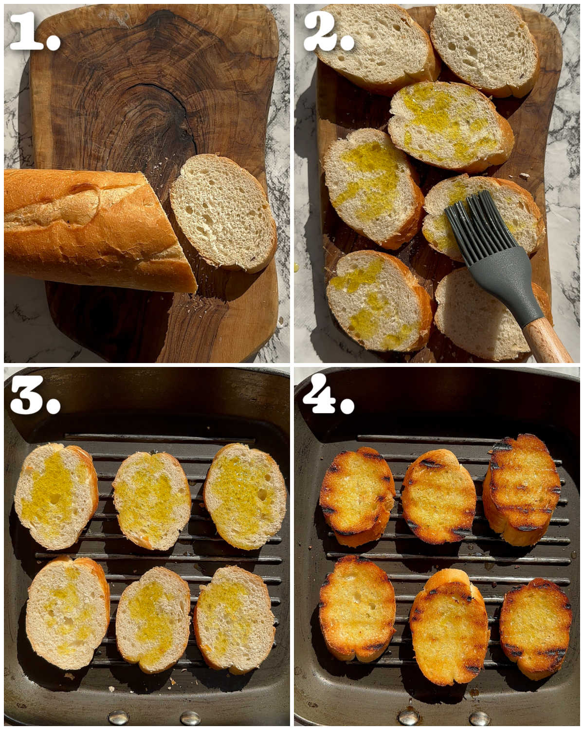 4 step by step photos showing how to grill baguette